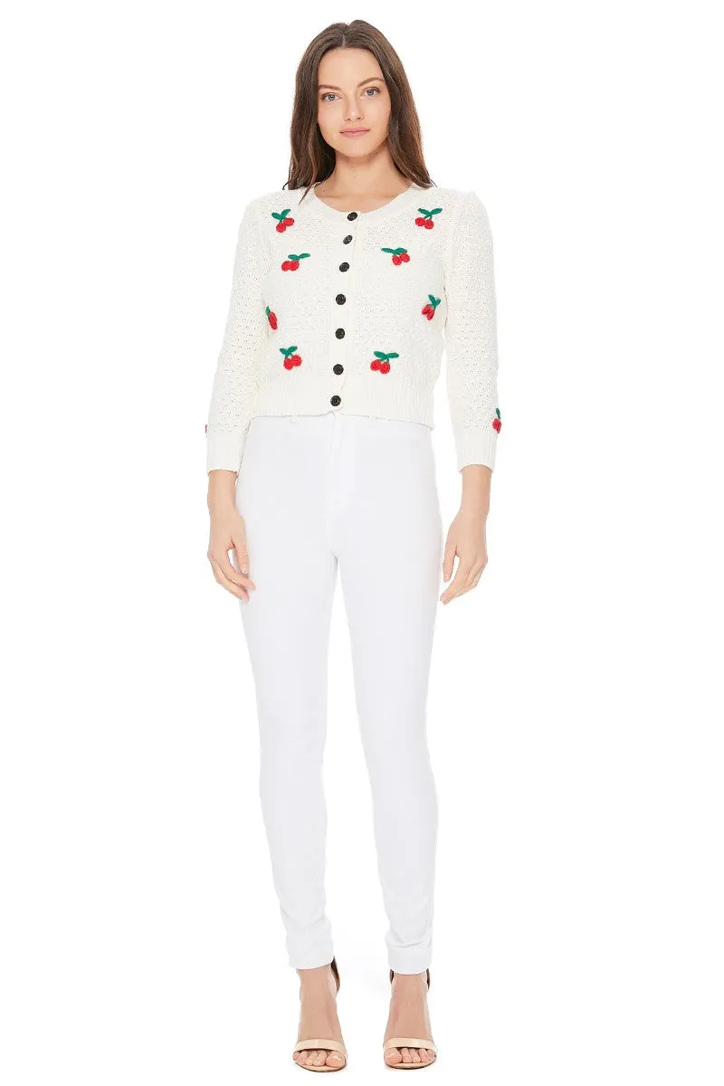 3/4 Sleeve Crewneck Crochet Knit Cropped Cardigan Sweater MK3515 (S-L)