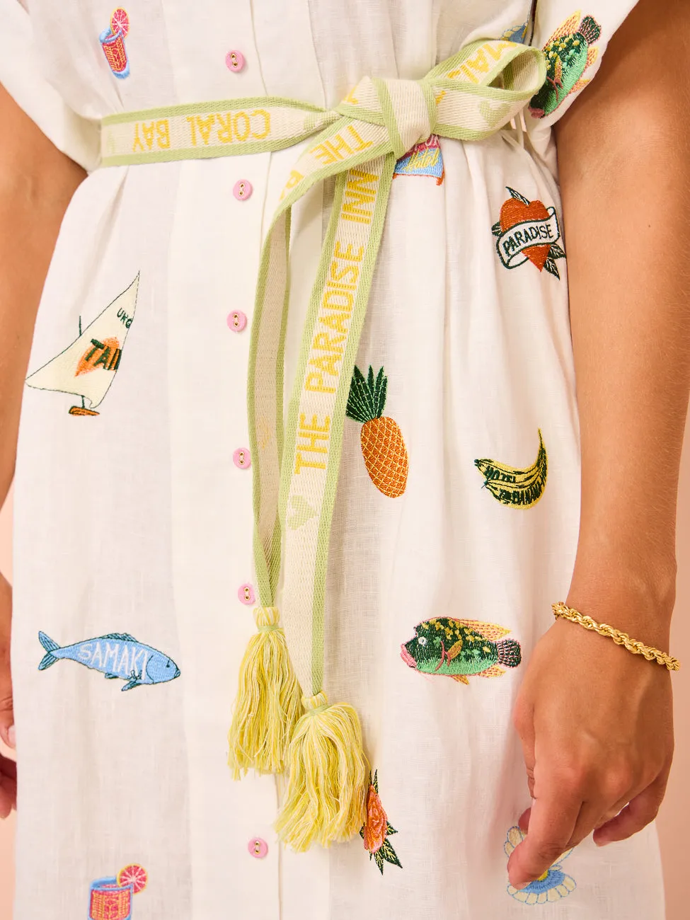 Alemais Blue Marlin Embroidered Dress in Cream