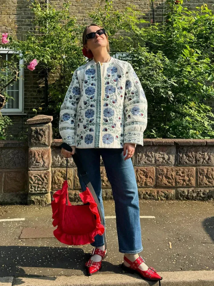 Back To School Sonicelife Women Elegant Flower Print O-neck With Belt Jacket Fashion Long Sleeve Single Breasted Coat 2024 Autumn Winter Warm Streetwear