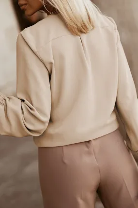 Beige Pleated Long Sleeve Blouse