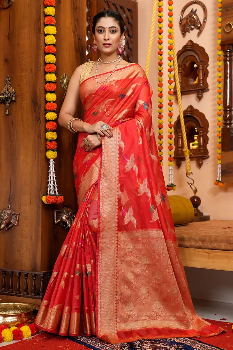 Blooming Red Organza Silk Saree With Conflate Blouse Piece