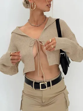 Color V Neck Long Sleeve Tie-up Spring Fall Going Out Sweater Vintage Streetwear Tank Solid Top