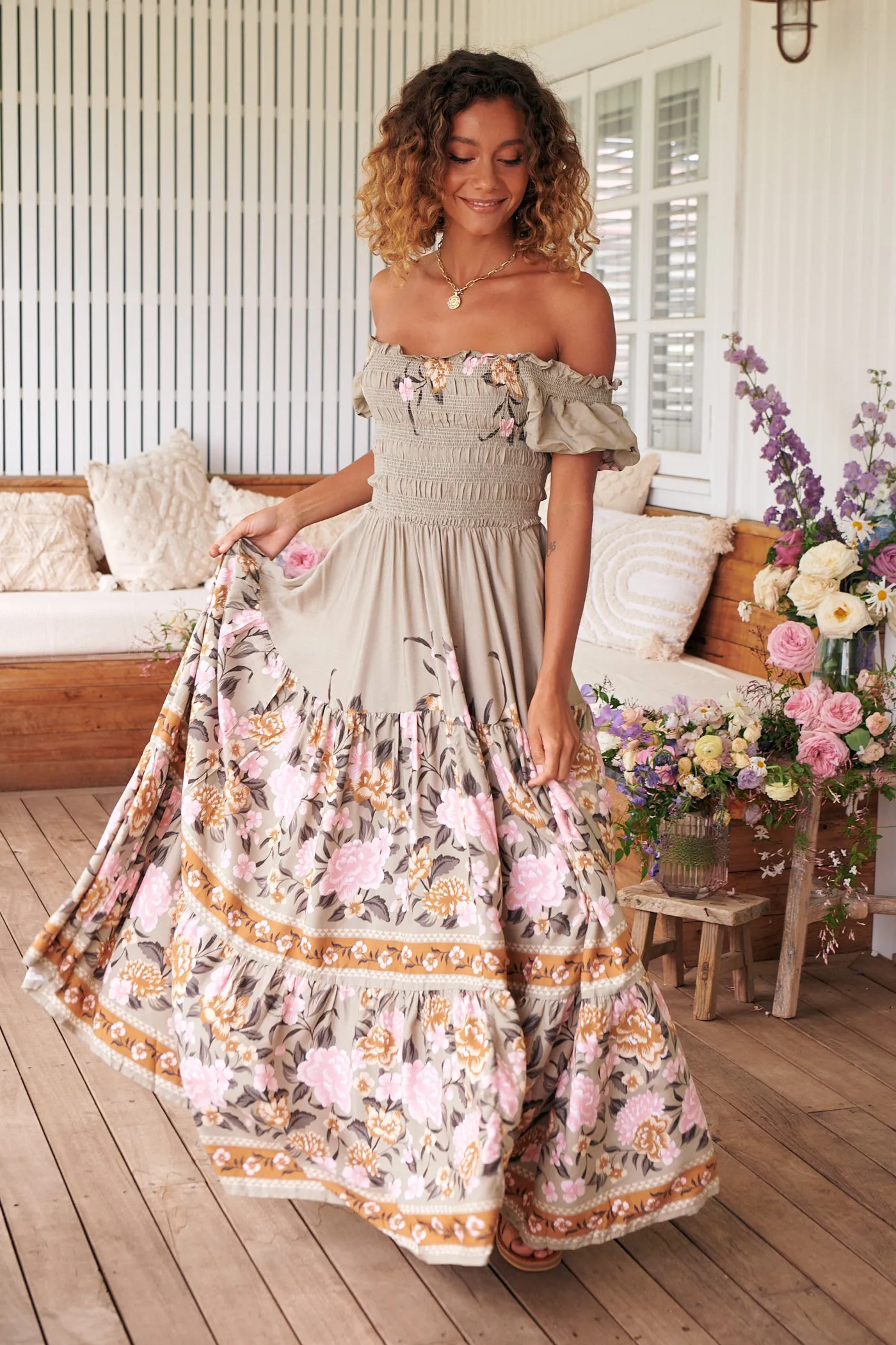 Delilah Shirred Maxi Dress - Khaki/Pink