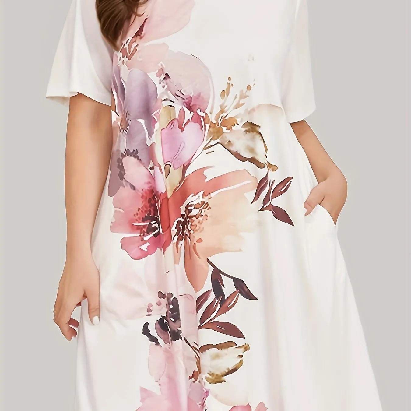 Floral Plus Size Women's Elegant Lounge Dress with Pocket Detail