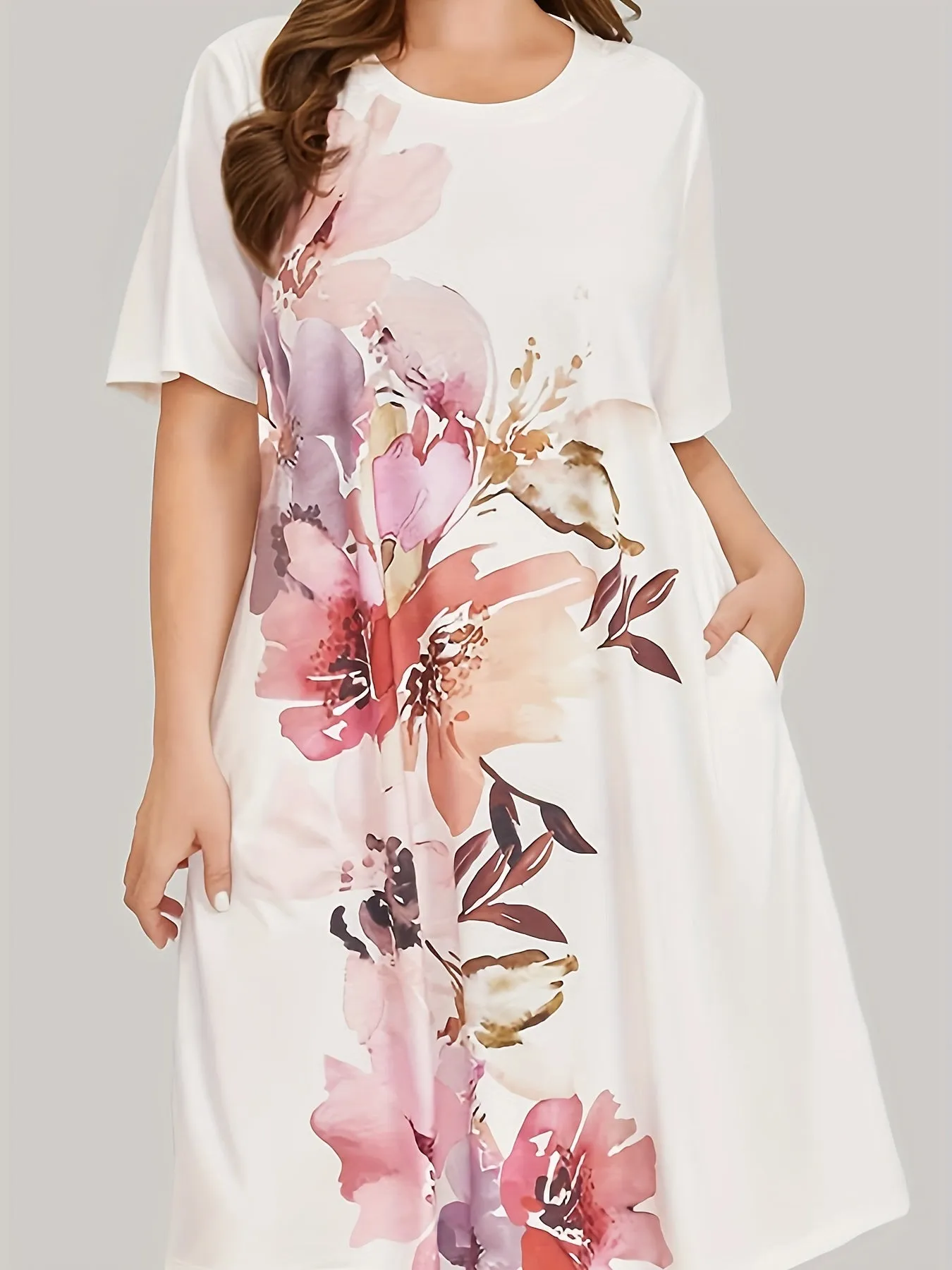 Floral Plus Size Women's Elegant Lounge Dress with Pocket Detail