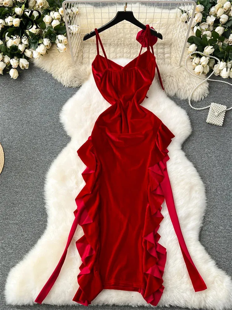 French Retro Velvet Dress Spaghetti Strap Sleeveless 3D Flowers Split Red Evening Party Sexy Dress