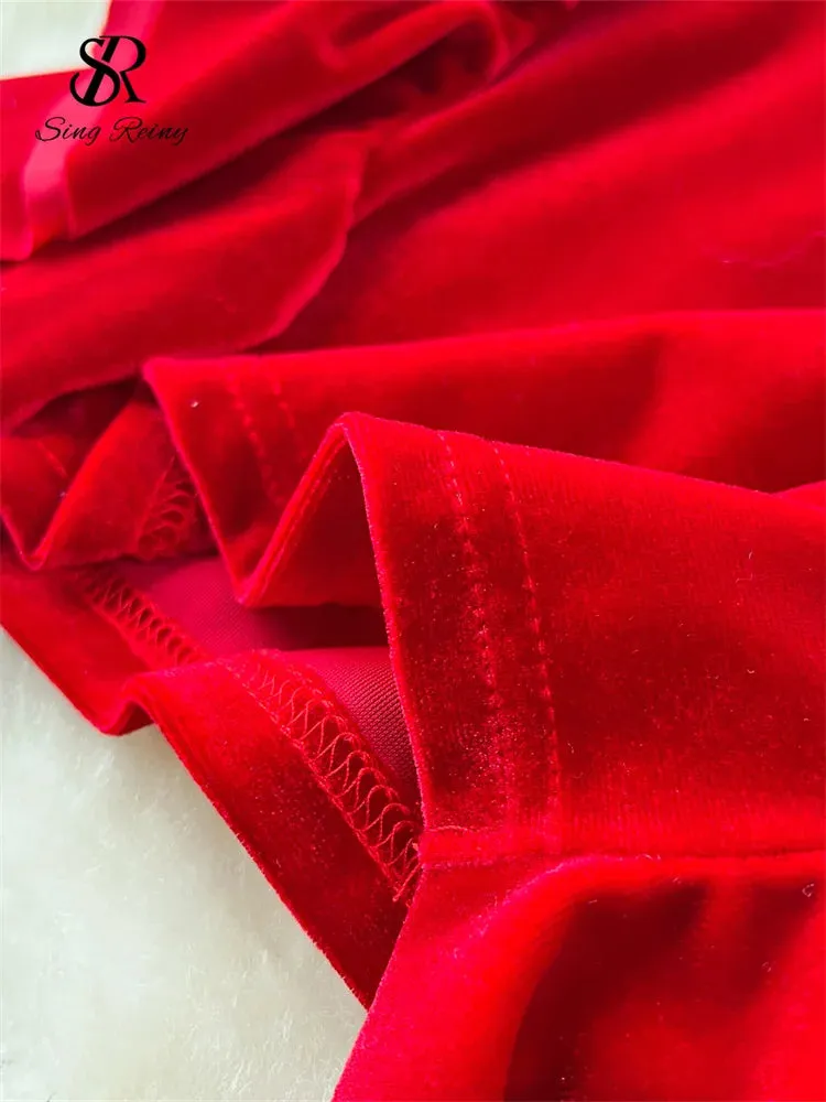 French Retro Velvet Dress Spaghetti Strap Sleeveless 3D Flowers Split Red Evening Party Sexy Dress