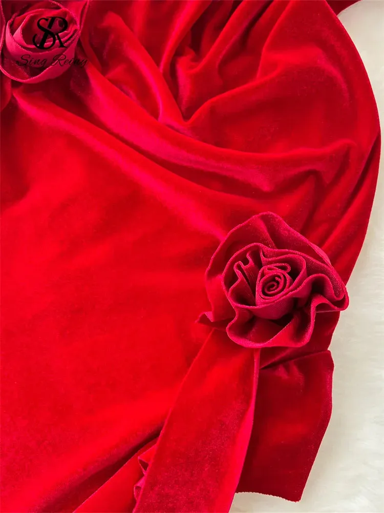 French Retro Velvet Dress Spaghetti Strap Sleeveless 3D Flowers Split Red Evening Party Sexy Dress