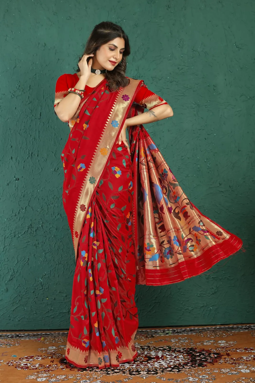 Improbable Red Paithani Silk Saree With Palimpsest Blouse Piece