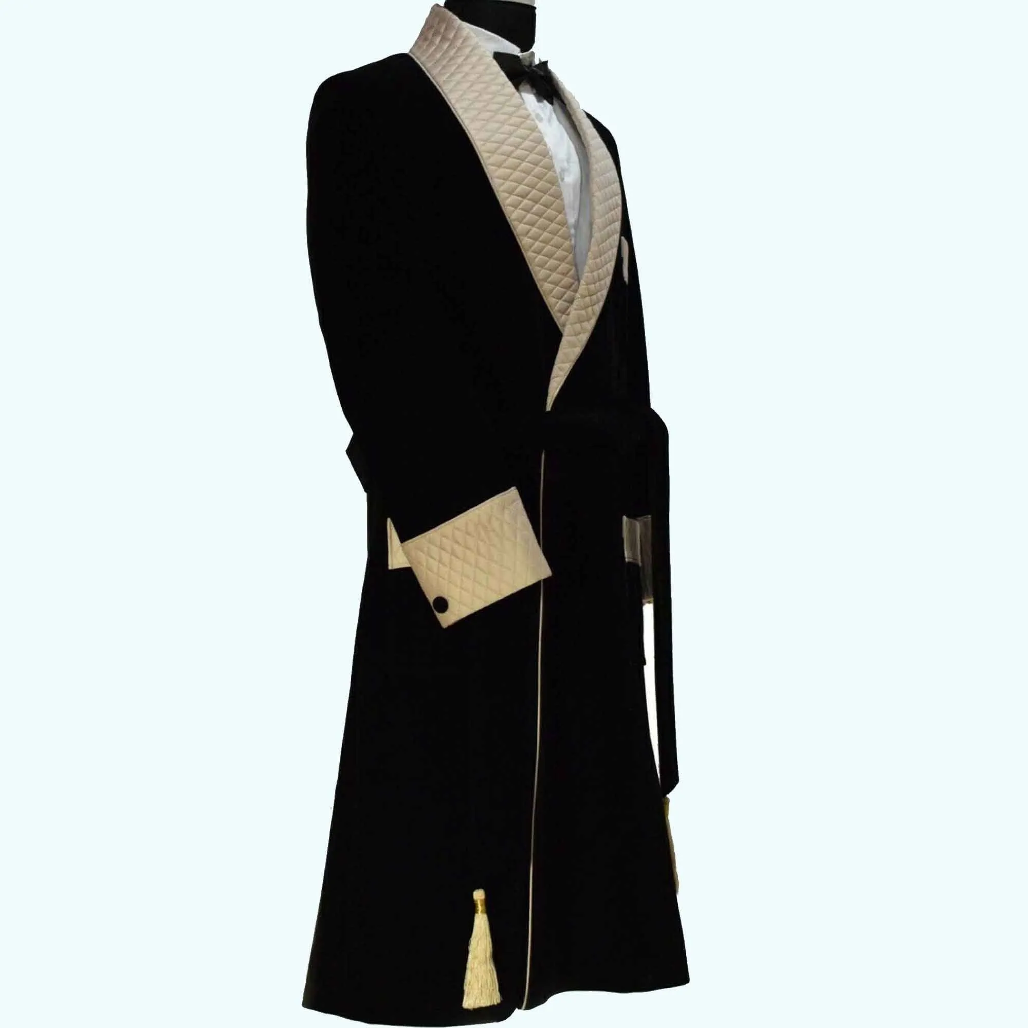Men's Velvet Smoking Quilted Long Dinner Coat, Men's Velvet Long Smoking Coat, Smoking jackets
