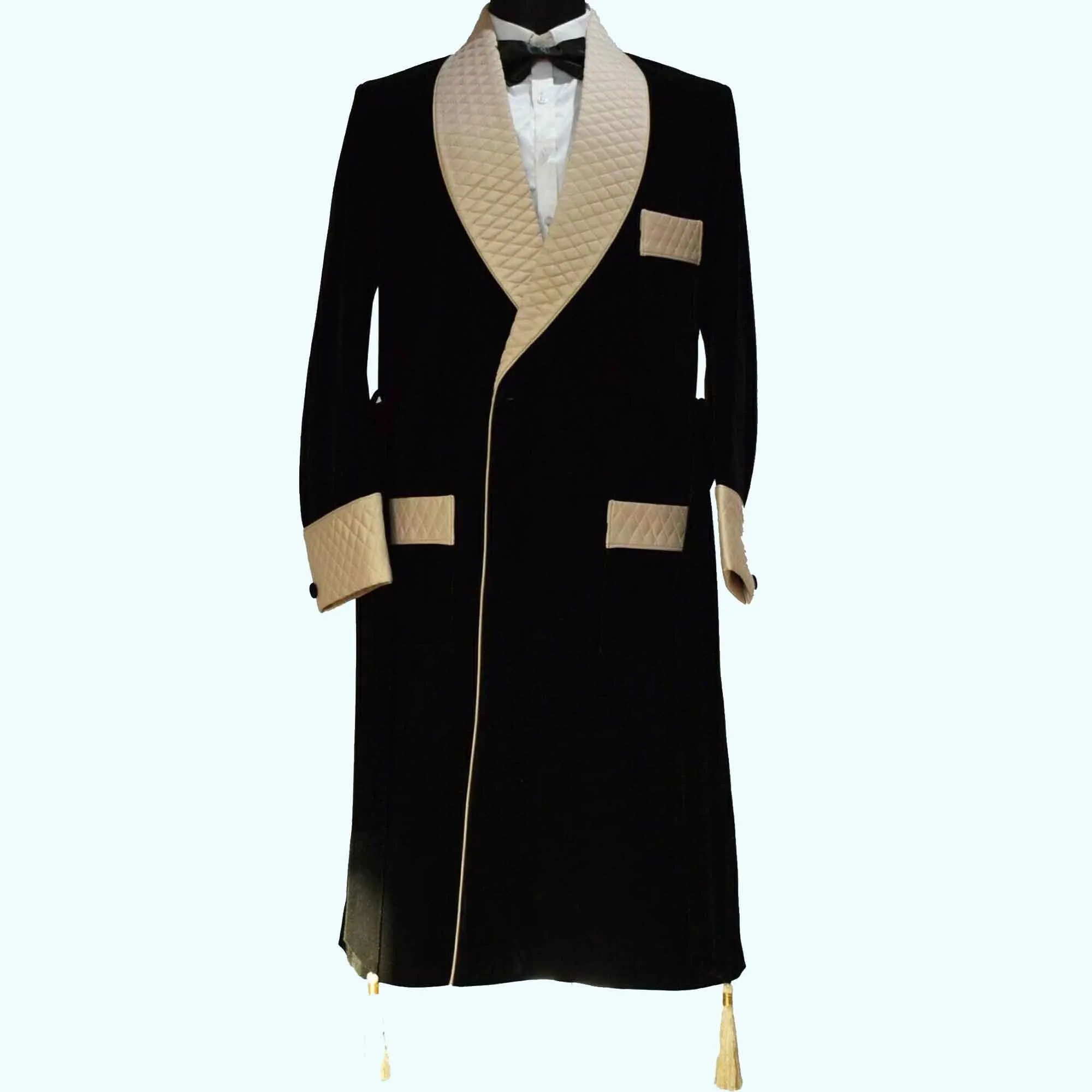 Men's Velvet Smoking Quilted Long Dinner Coat, Men's Velvet Long Smoking Coat, Smoking jackets