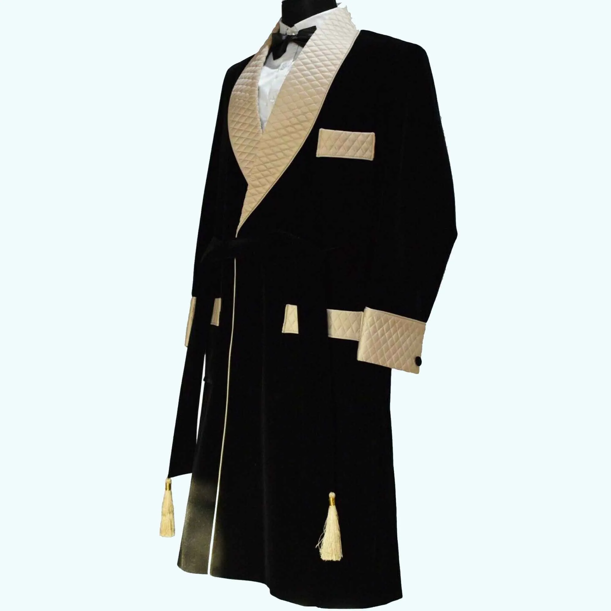 Men's Velvet Smoking Quilted Long Dinner Coat, Men's Velvet Long Smoking Coat, Smoking jackets