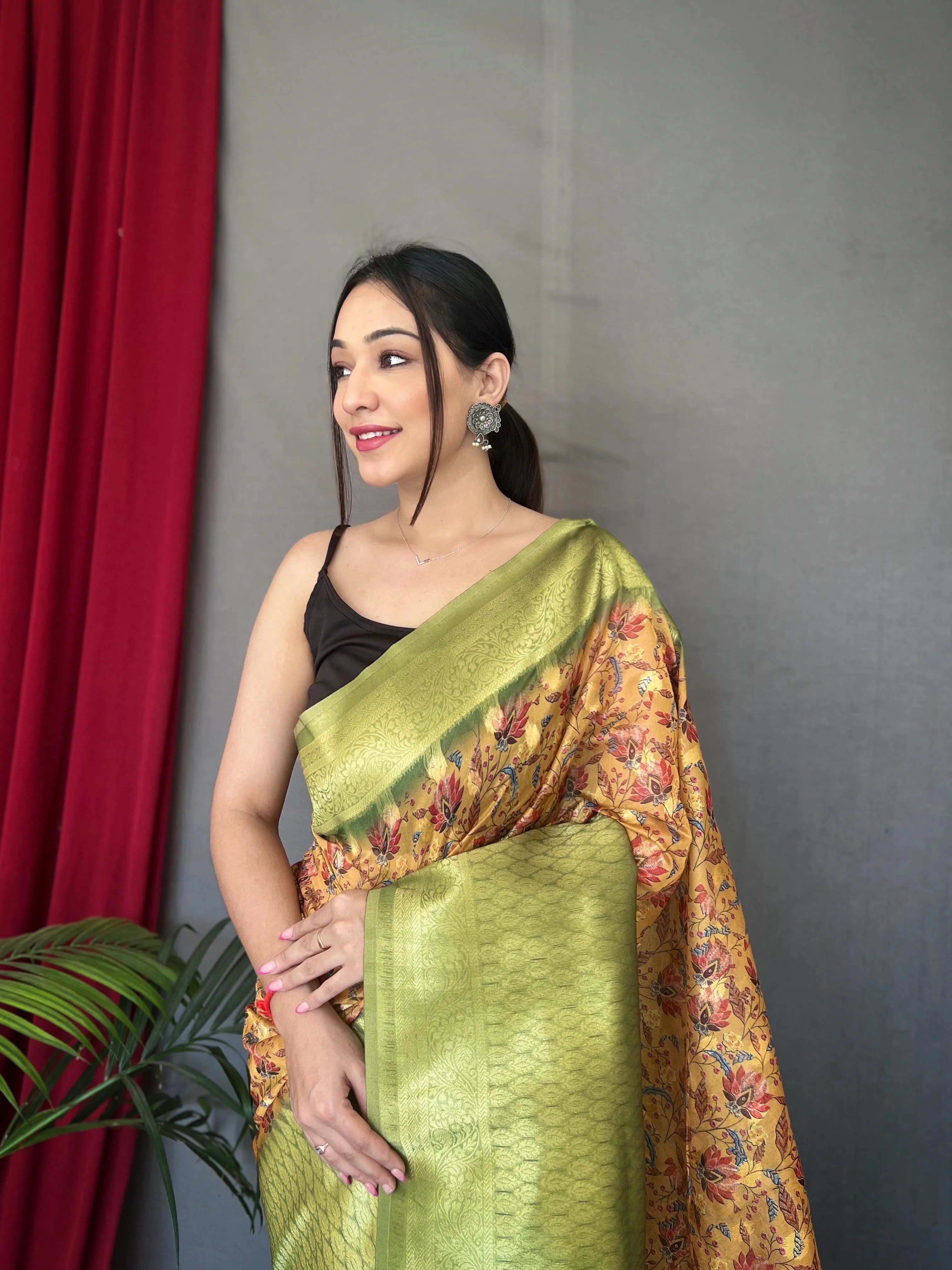 Orange Green Saree in Kora Muslin Kalamkari Silk