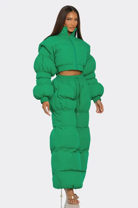 Ready or Not- Green Puffy Pant and Top Quilted Set