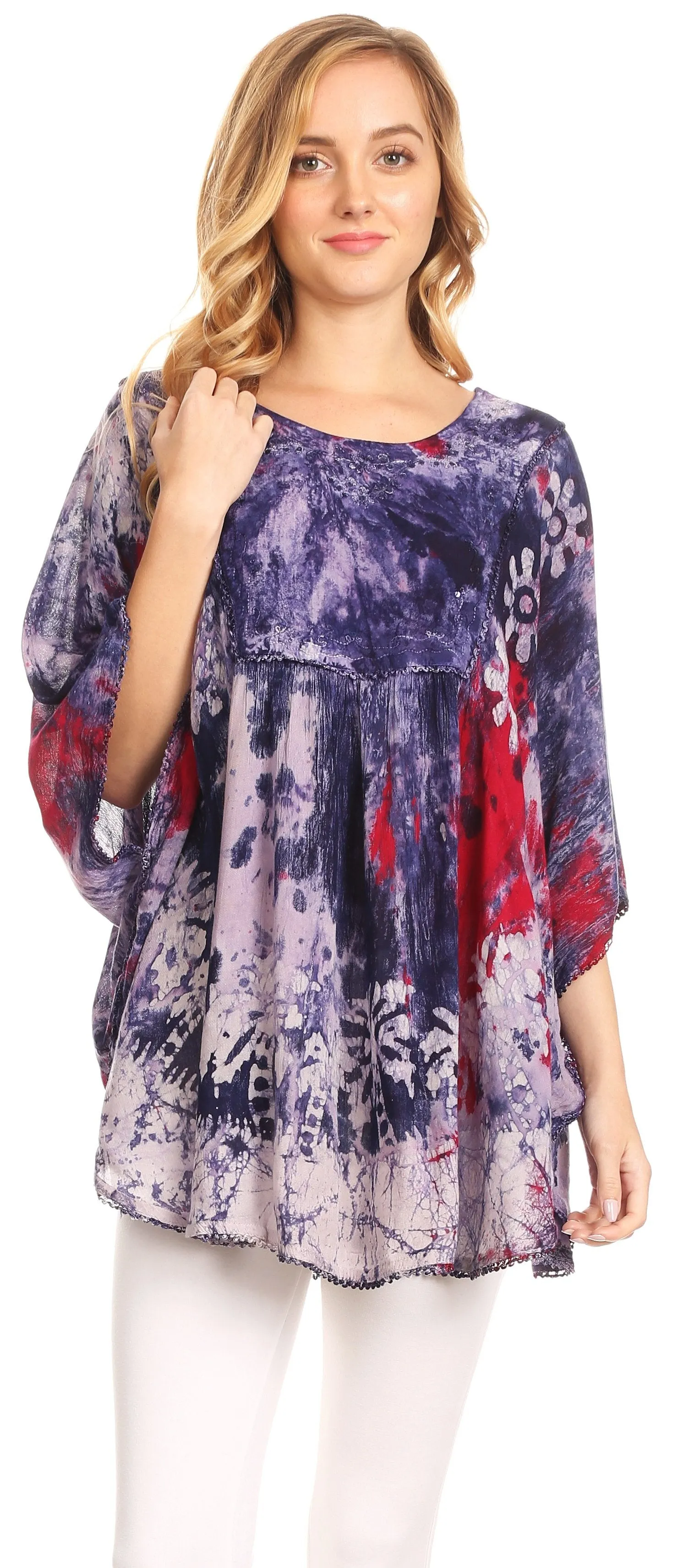 Sakkas Vanya Floral and Palm Tree Batik Circle Top with Sequins and Embroidery