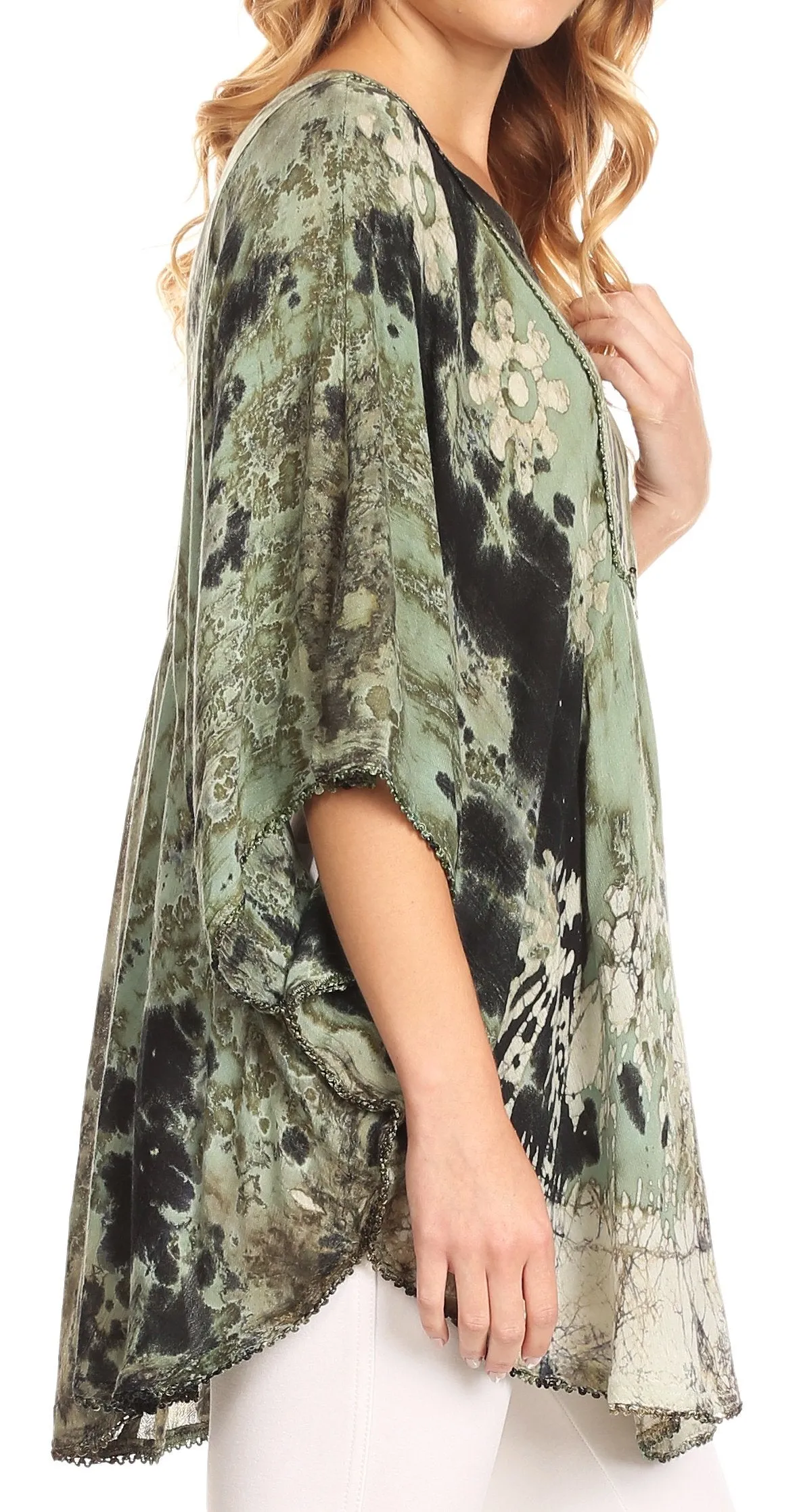 Sakkas Vanya Floral and Palm Tree Batik Circle Top with Sequins and Embroidery