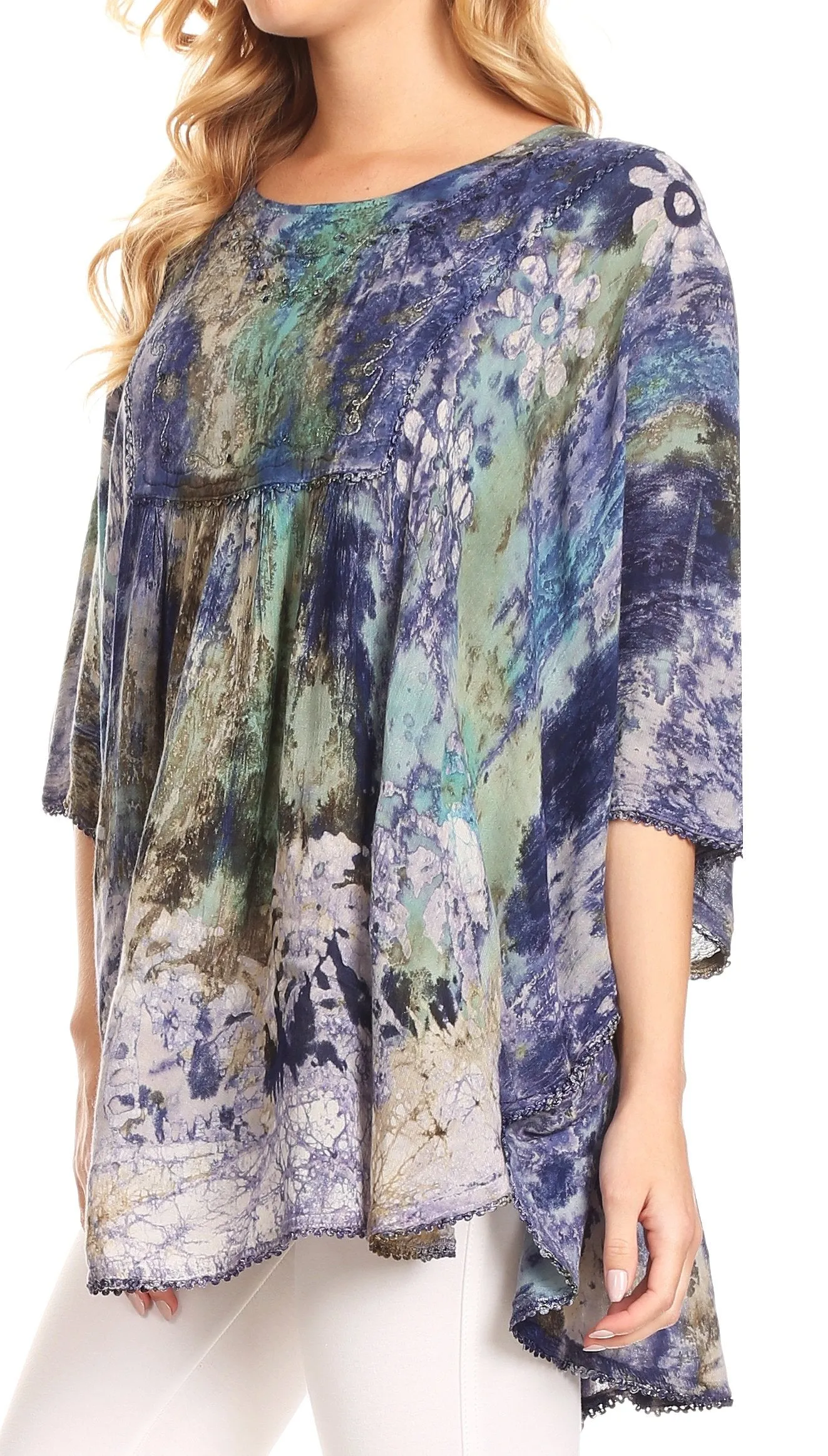 Sakkas Vanya Floral and Palm Tree Batik Circle Top with Sequins and Embroidery