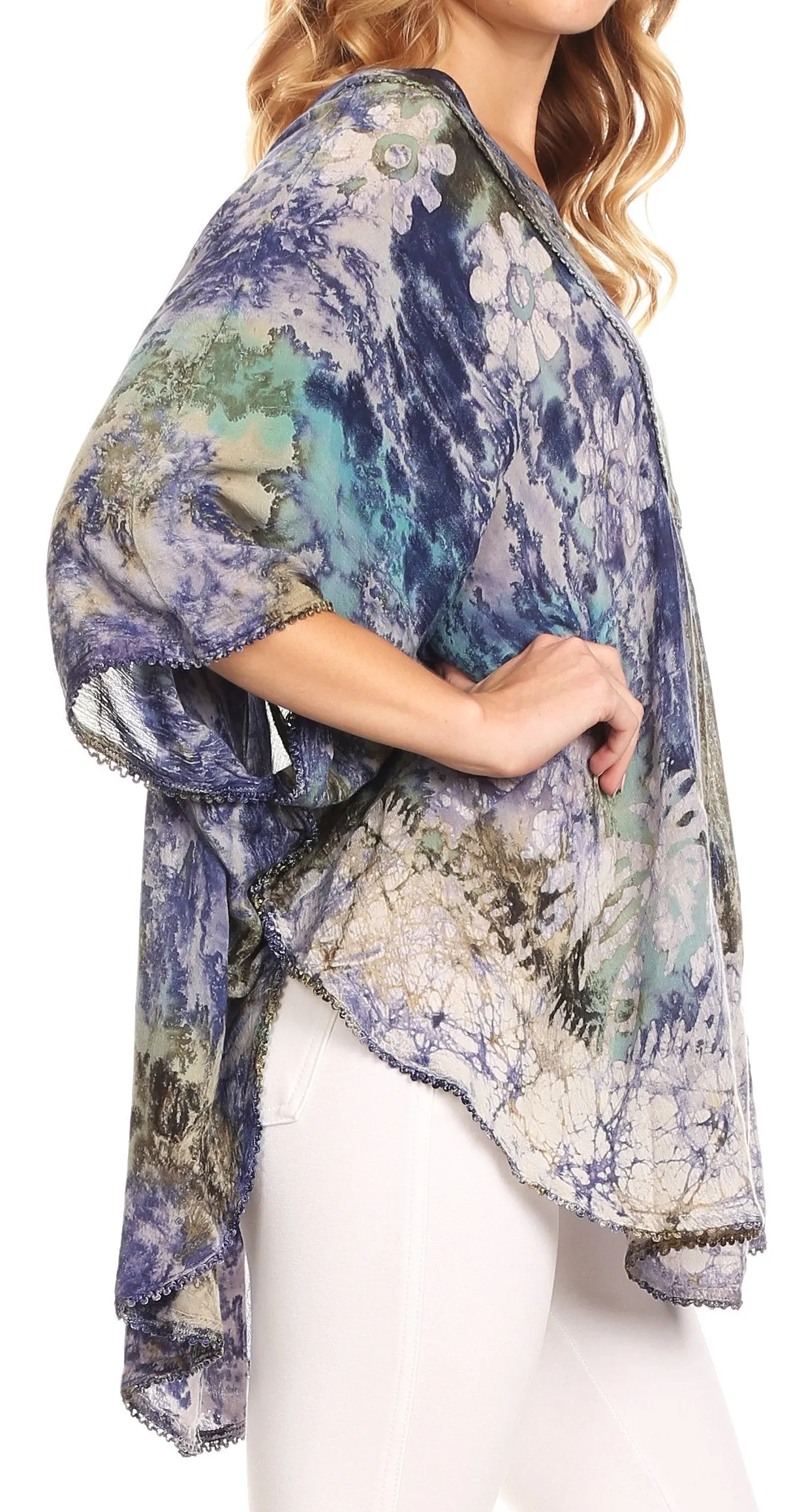 Sakkas Vanya Floral and Palm Tree Batik Circle Top with Sequins and Embroidery