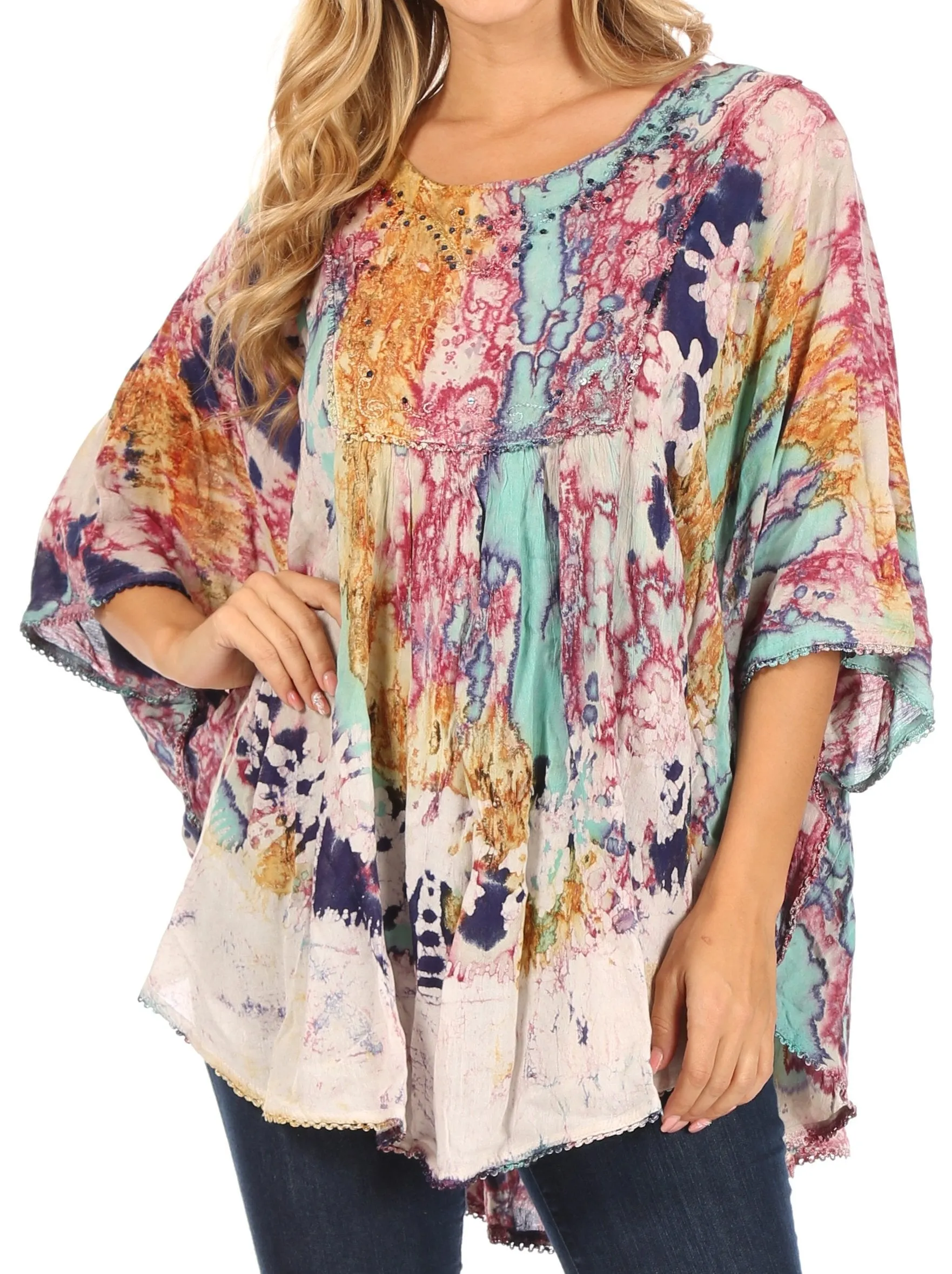 Sakkas Vanya Floral and Palm Tree Batik Circle Top with Sequins and Embroidery
