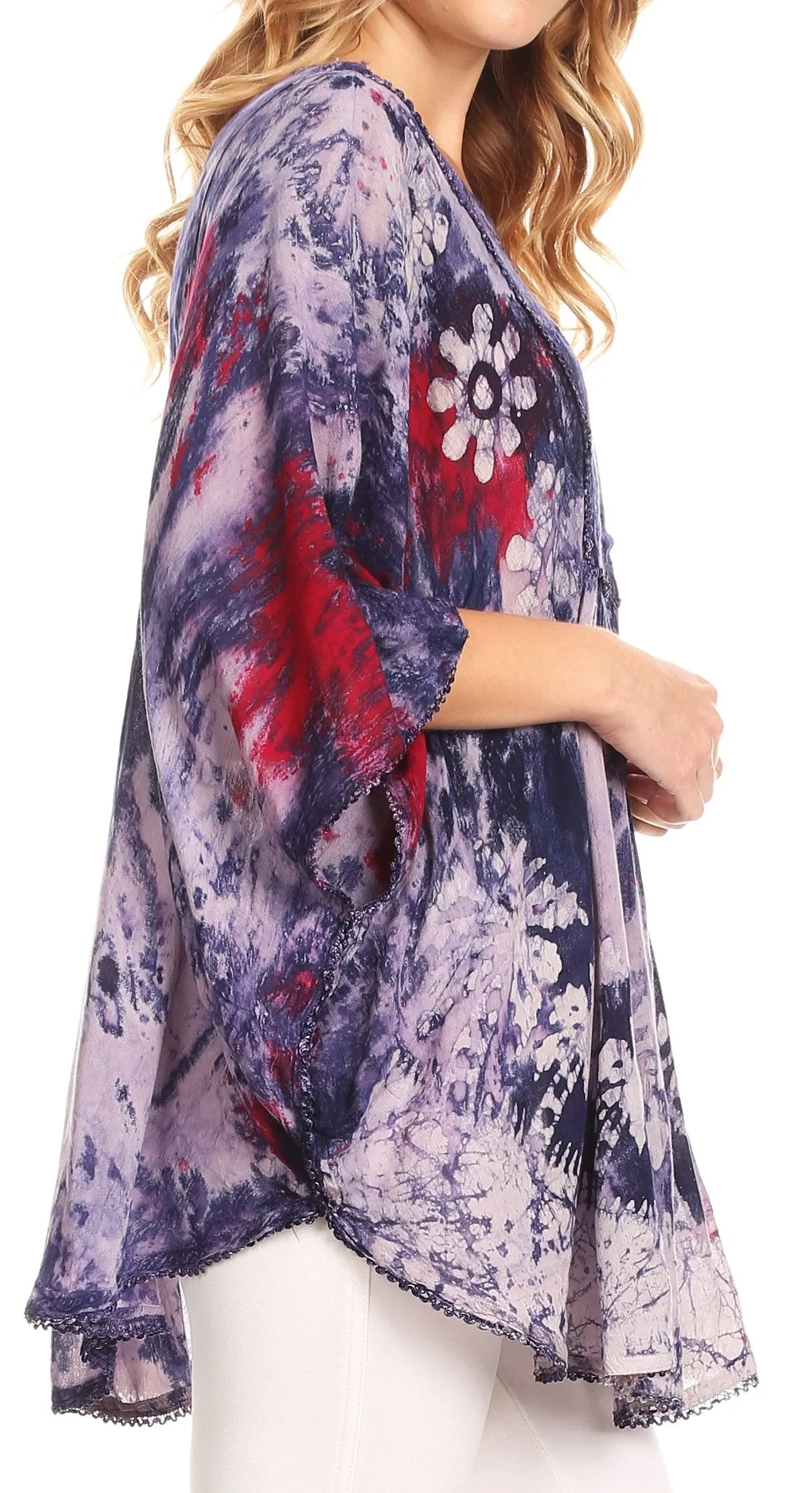 Sakkas Vanya Floral and Palm Tree Batik Circle Top with Sequins and Embroidery