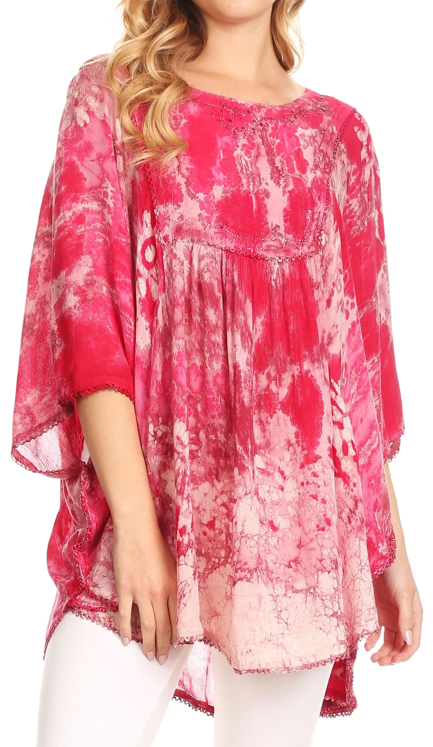 Sakkas Vanya Floral and Palm Tree Batik Circle Top with Sequins and Embroidery