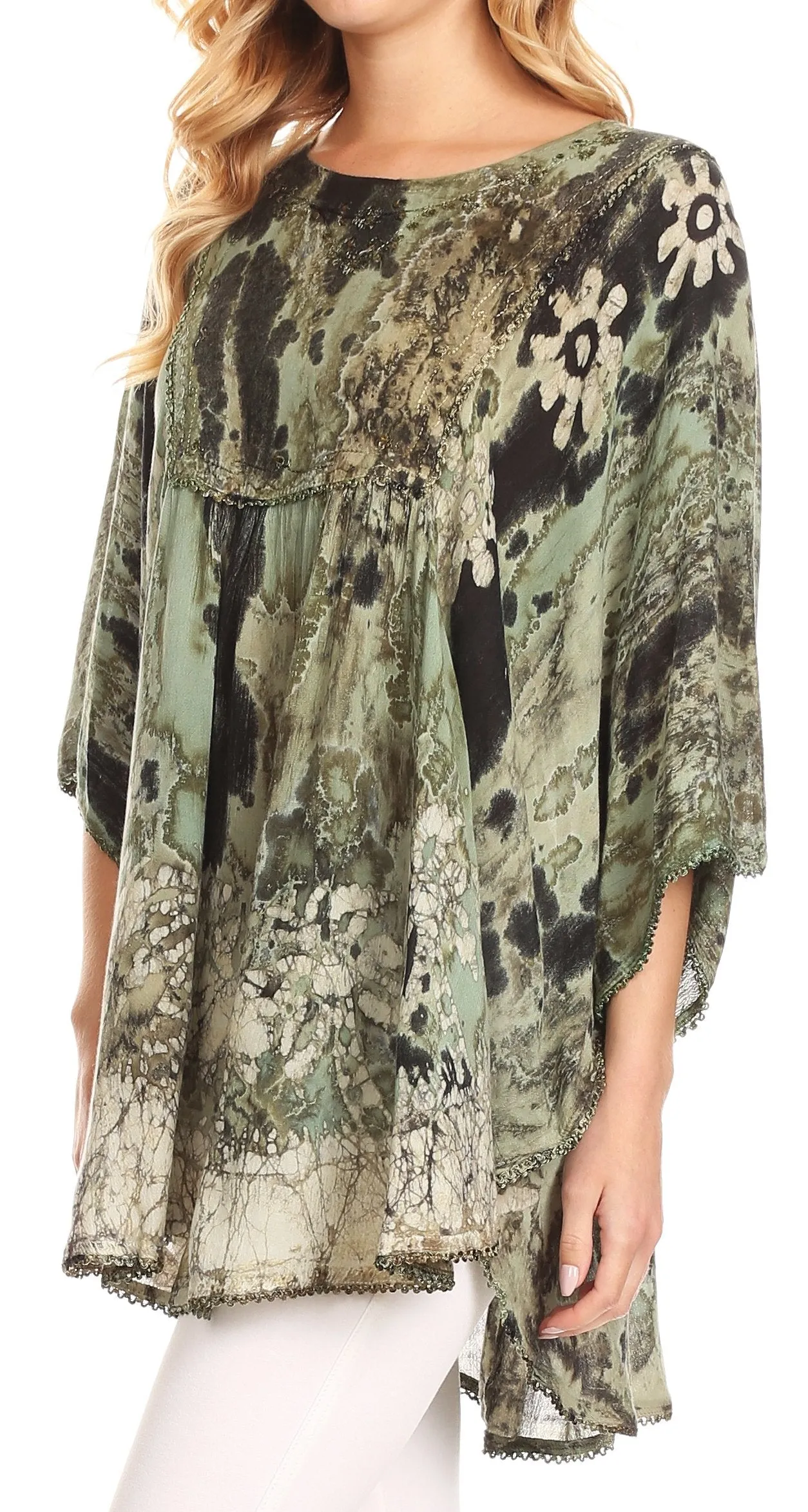Sakkas Vanya Floral and Palm Tree Batik Circle Top with Sequins and Embroidery