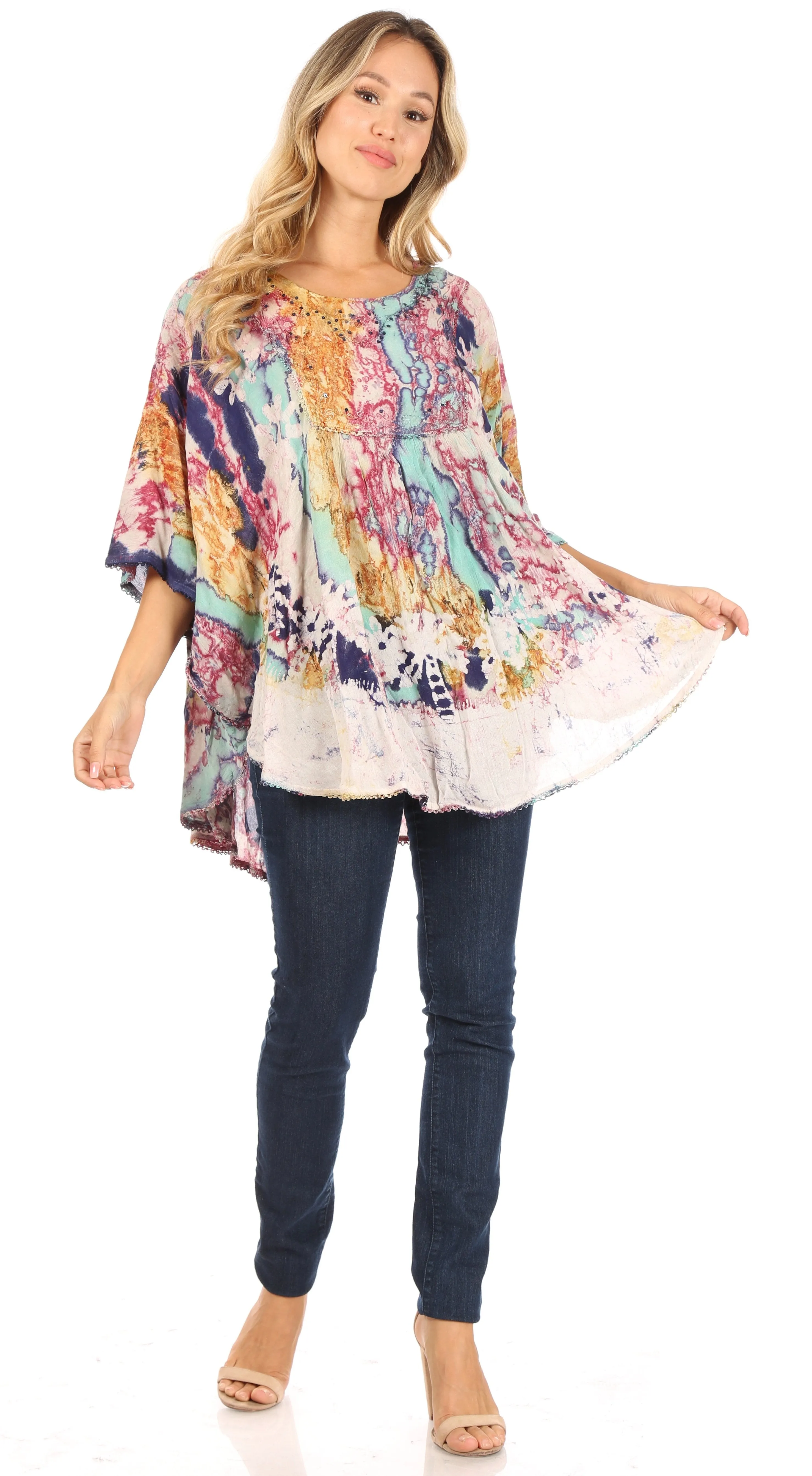 Sakkas Vanya Floral and Palm Tree Batik Circle Top with Sequins and Embroidery