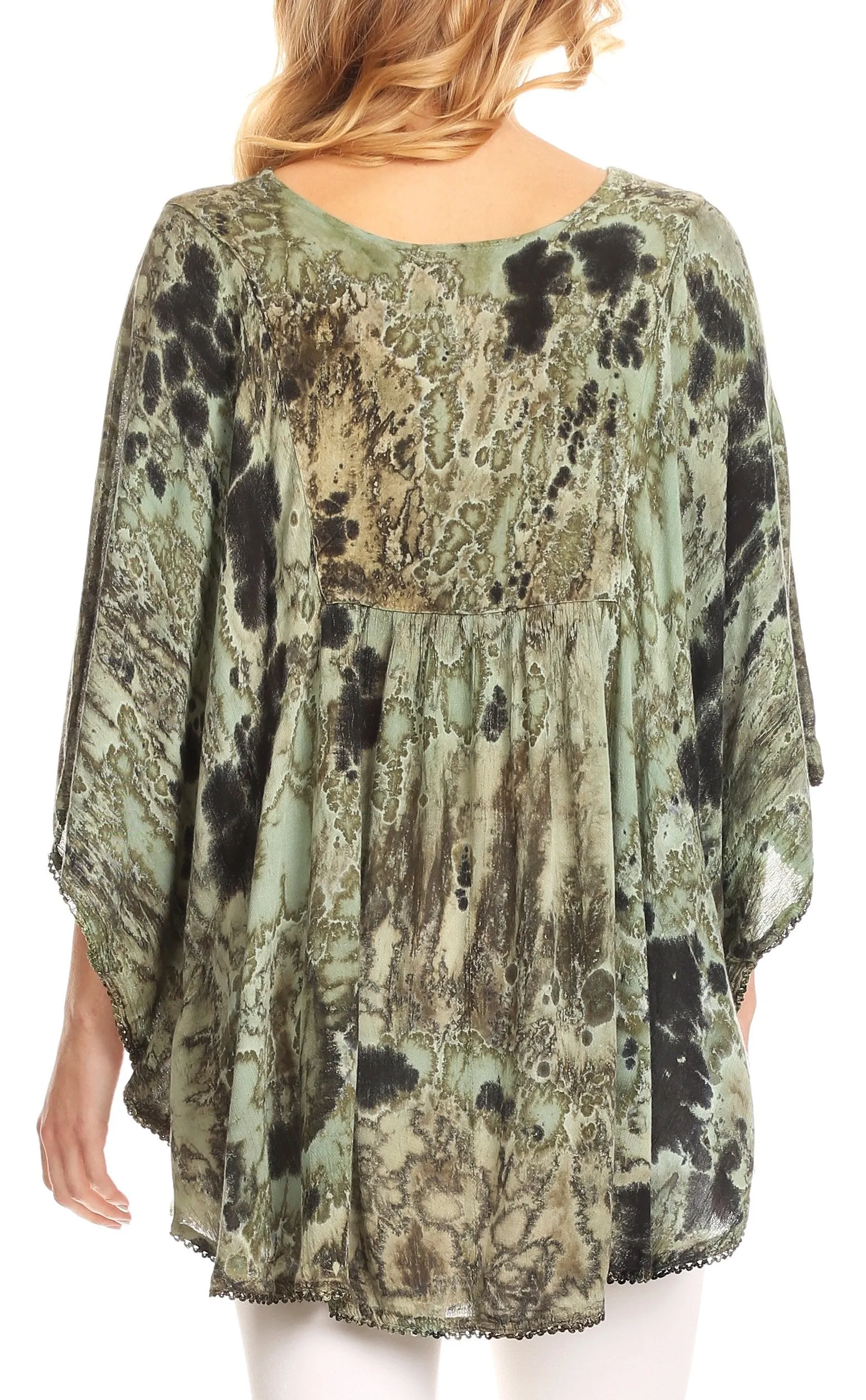 Sakkas Vanya Floral and Palm Tree Batik Circle Top with Sequins and Embroidery