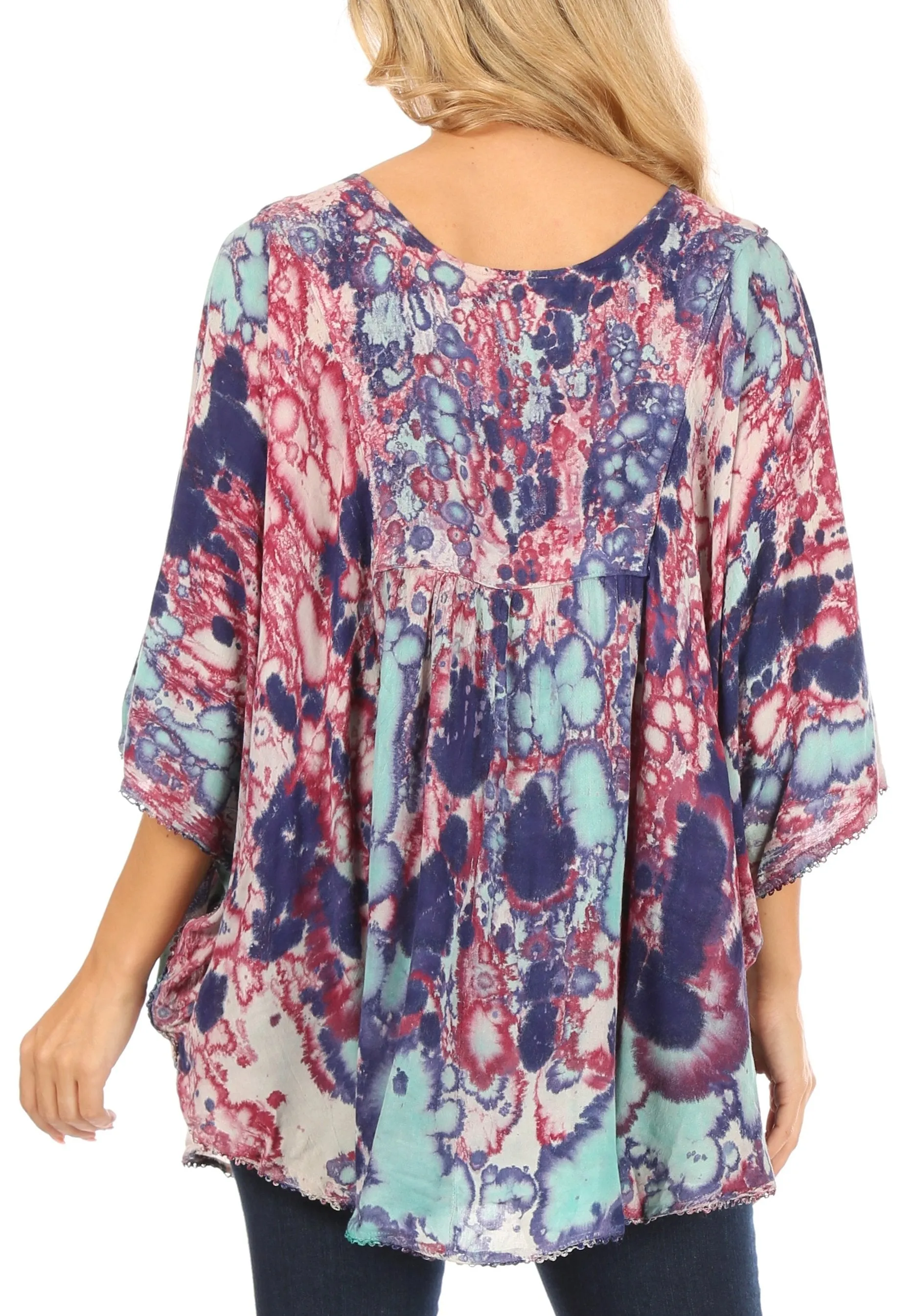 Sakkas Vanya Floral and Palm Tree Batik Circle Top with Sequins and Embroidery