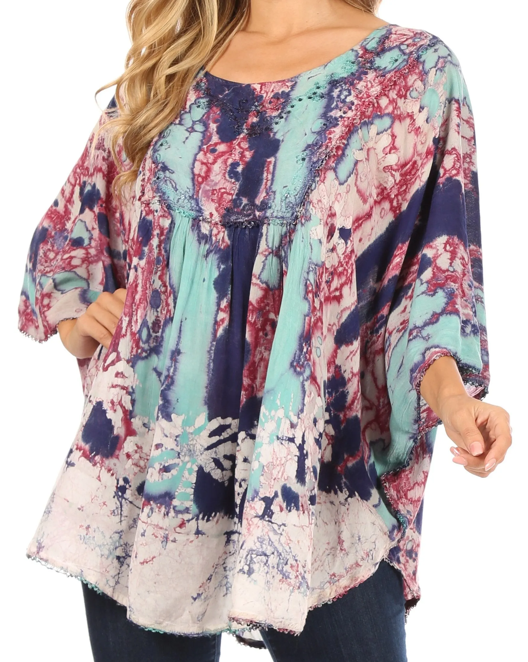 Sakkas Vanya Floral and Palm Tree Batik Circle Top with Sequins and Embroidery
