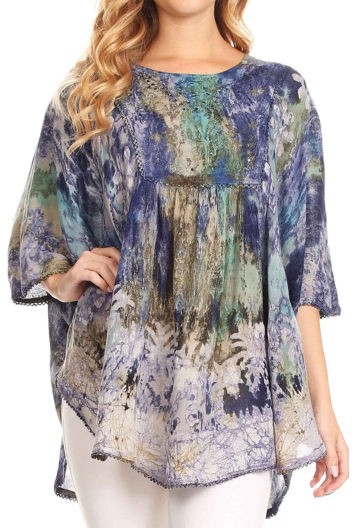 Sakkas Vanya Floral and Palm Tree Batik Circle Top with Sequins and Embroidery