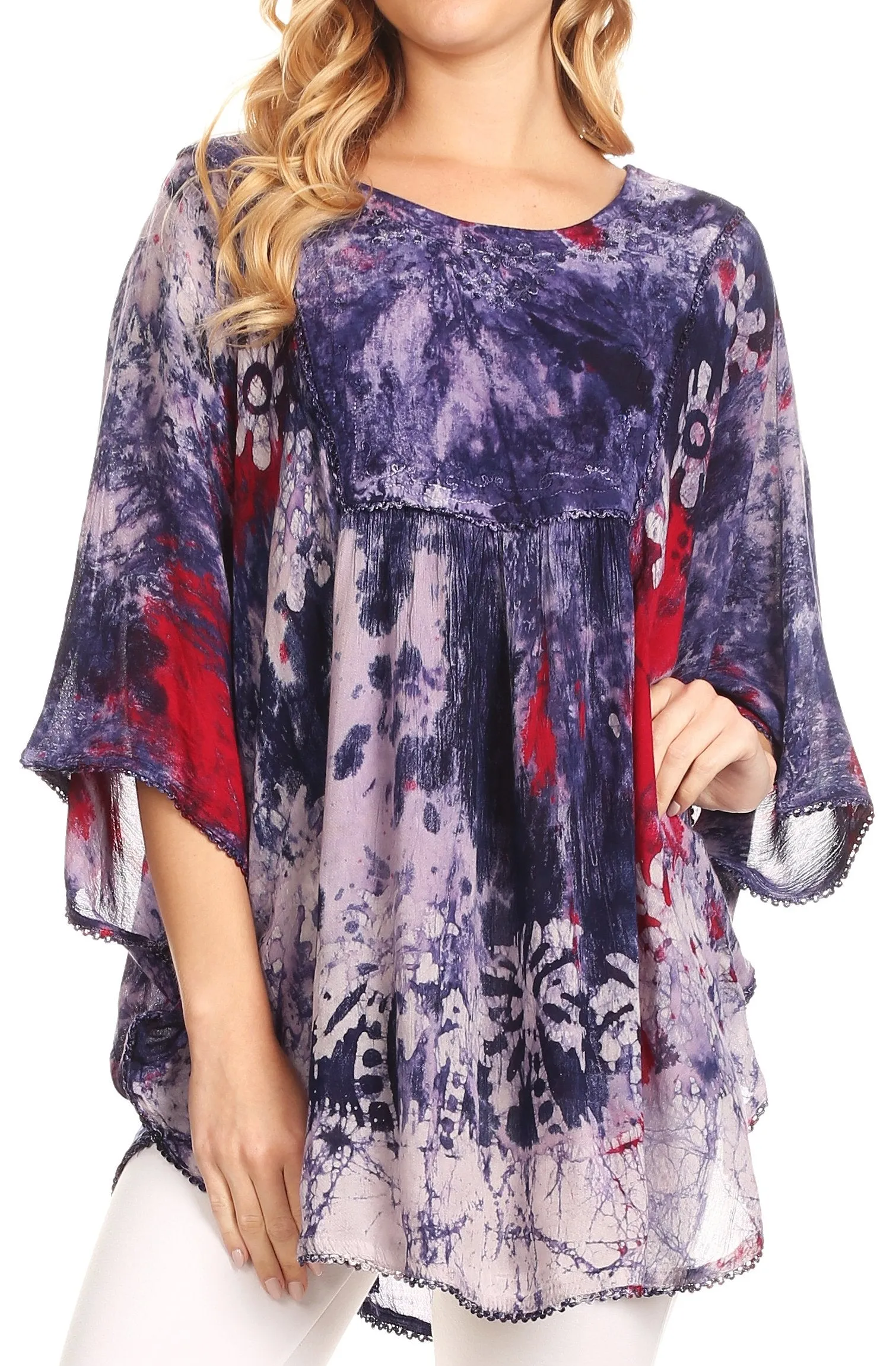 Sakkas Vanya Floral and Palm Tree Batik Circle Top with Sequins and Embroidery