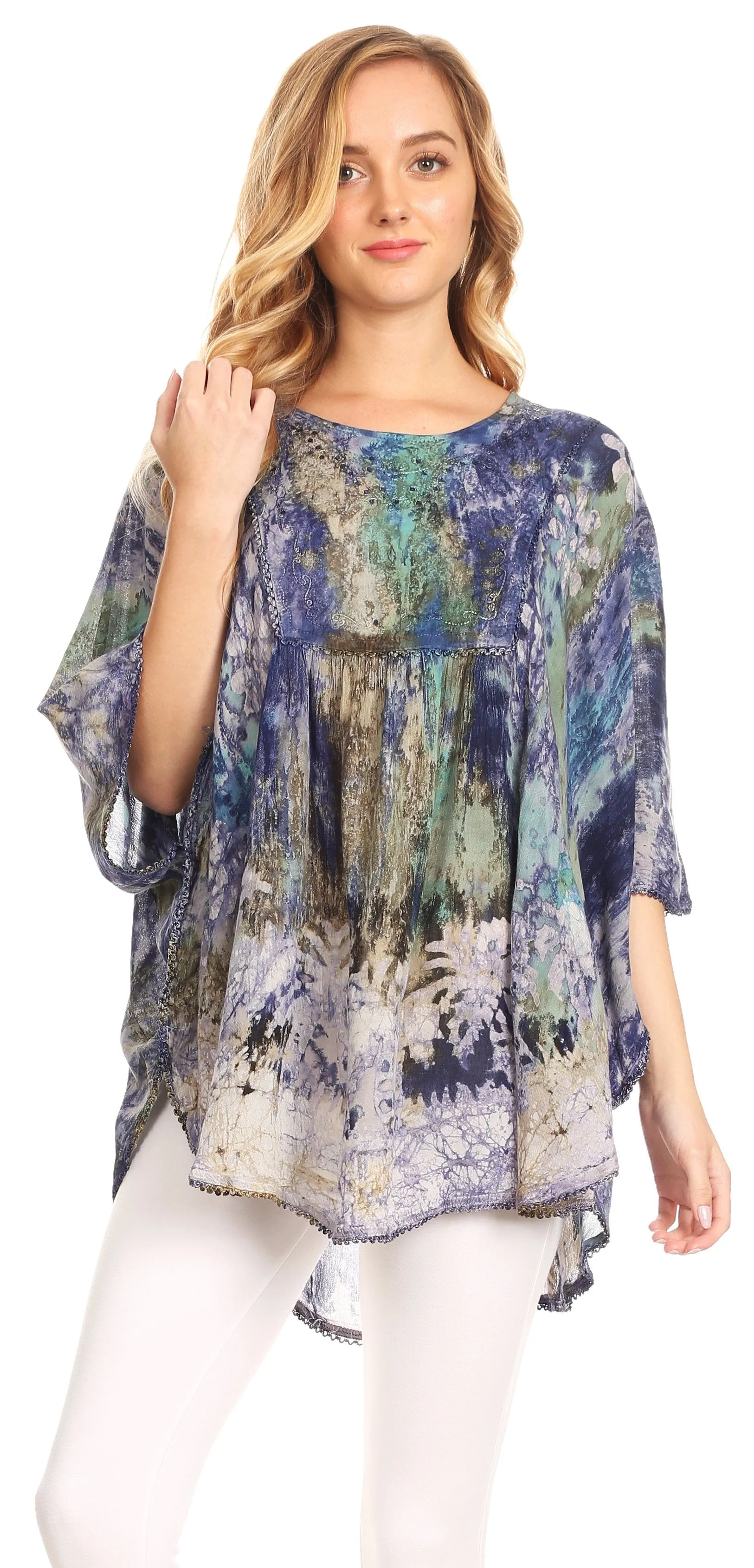 Sakkas Vanya Floral and Palm Tree Batik Circle Top with Sequins and Embroidery