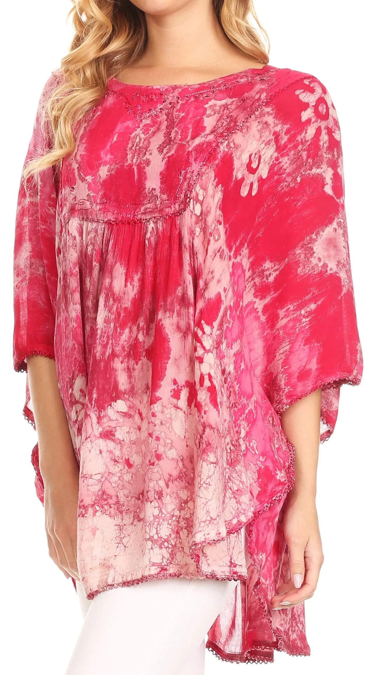 Sakkas Vanya Floral and Palm Tree Batik Circle Top with Sequins and Embroidery