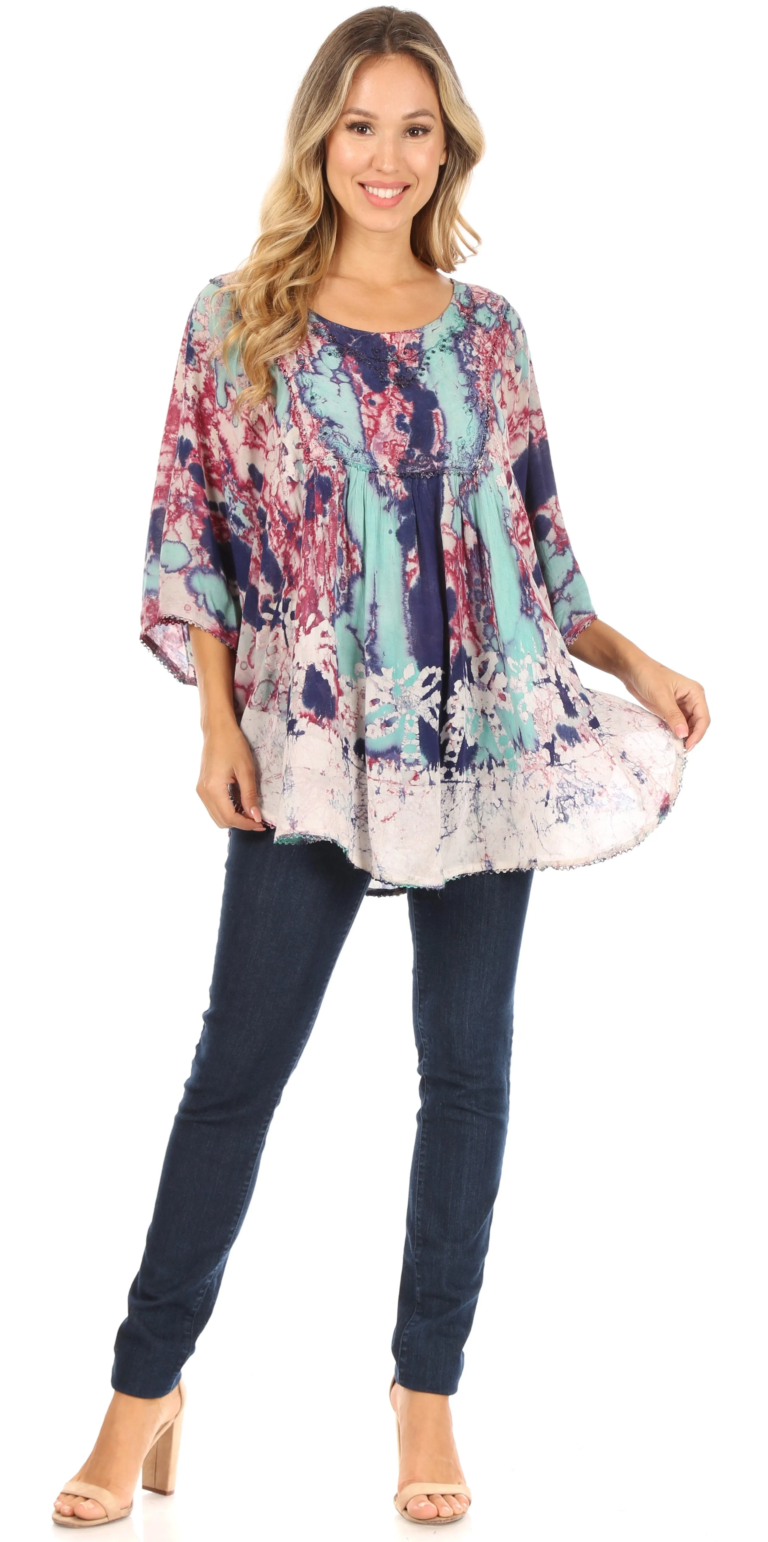 Sakkas Vanya Floral and Palm Tree Batik Circle Top with Sequins and Embroidery