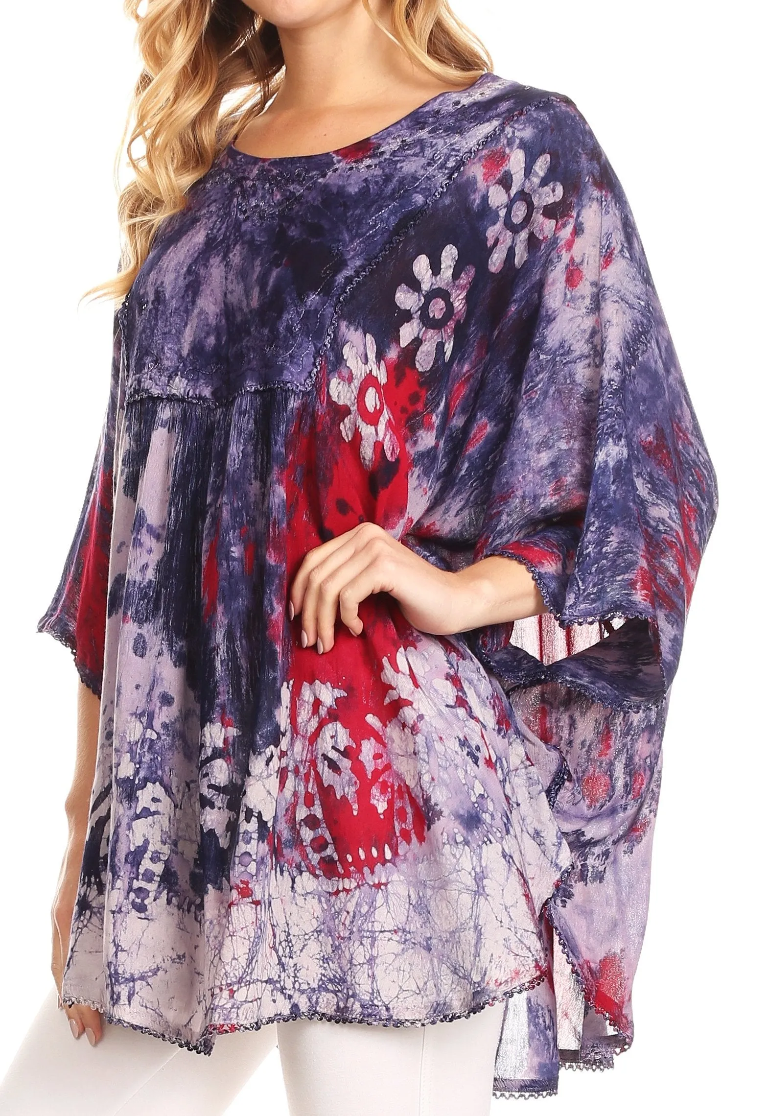 Sakkas Vanya Floral and Palm Tree Batik Circle Top with Sequins and Embroidery