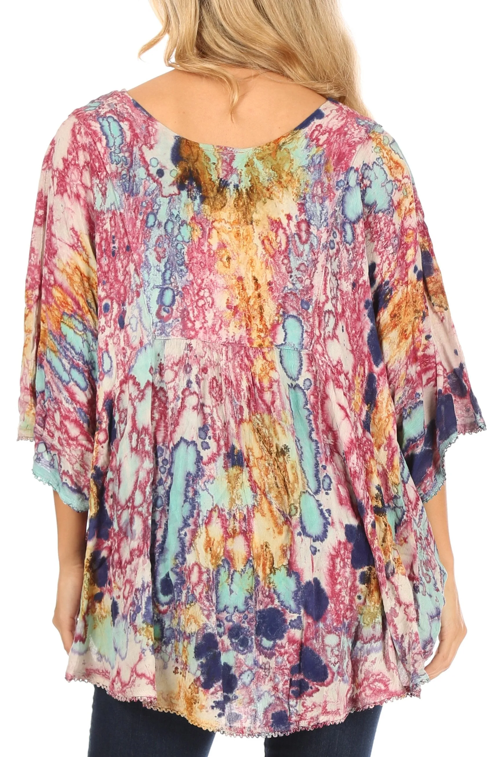Sakkas Vanya Floral and Palm Tree Batik Circle Top with Sequins and Embroidery