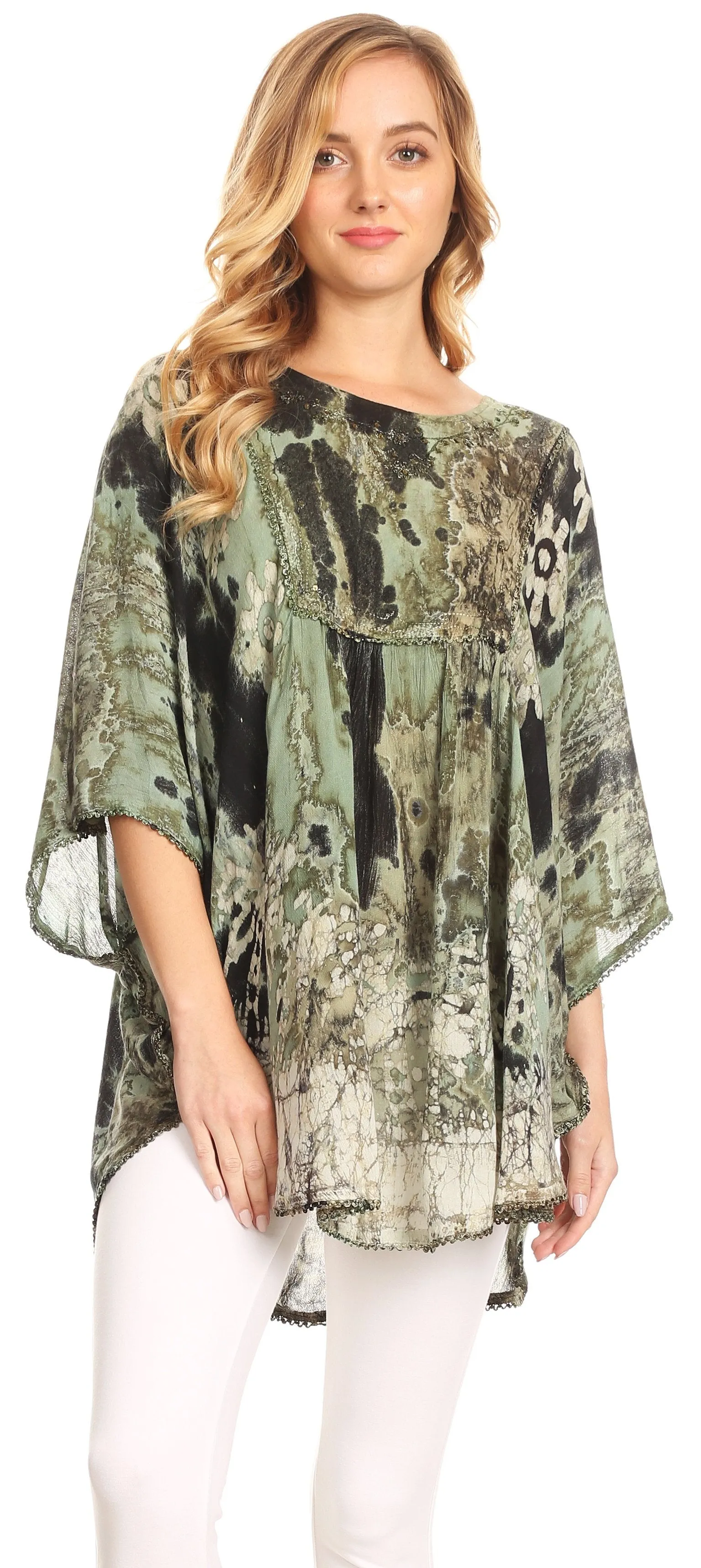 Sakkas Vanya Floral and Palm Tree Batik Circle Top with Sequins and Embroidery