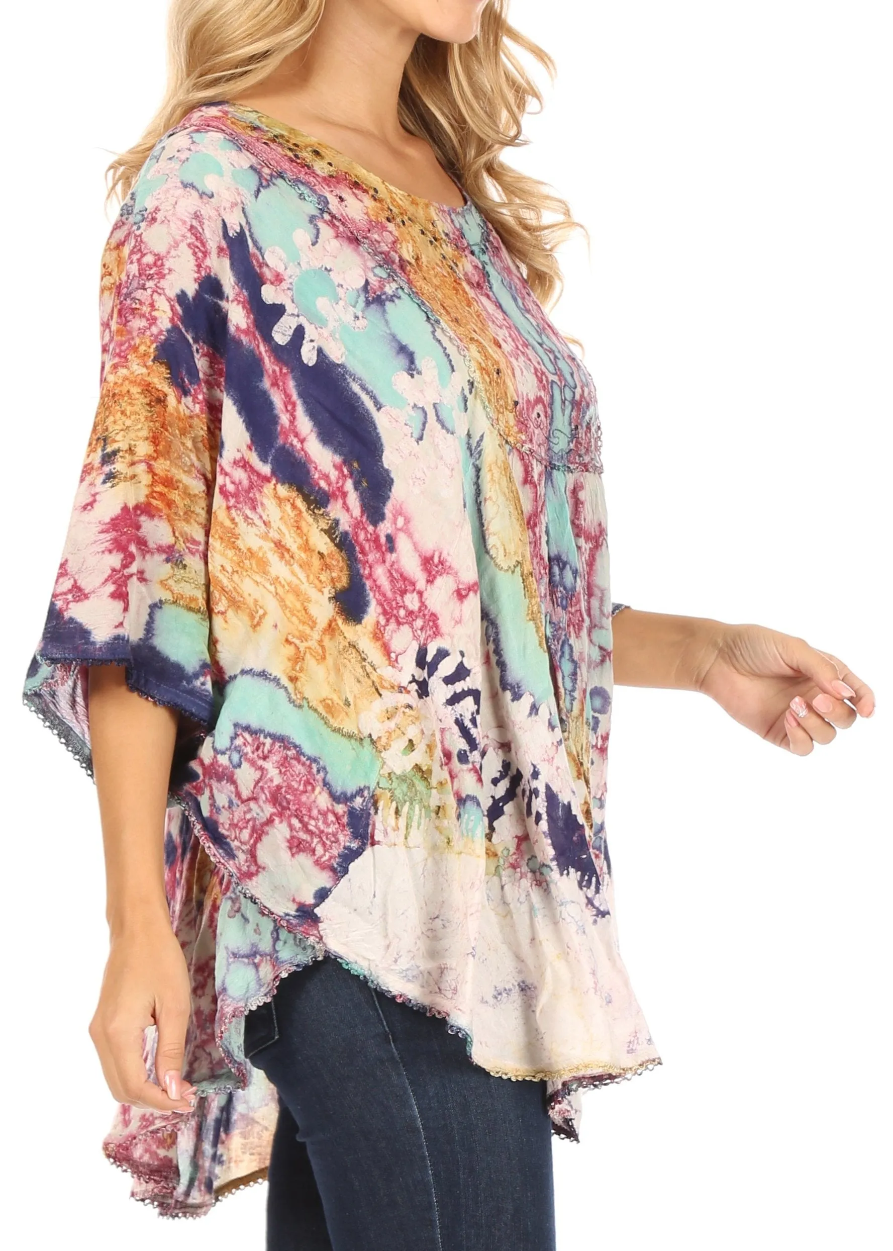 Sakkas Vanya Floral and Palm Tree Batik Circle Top with Sequins and Embroidery