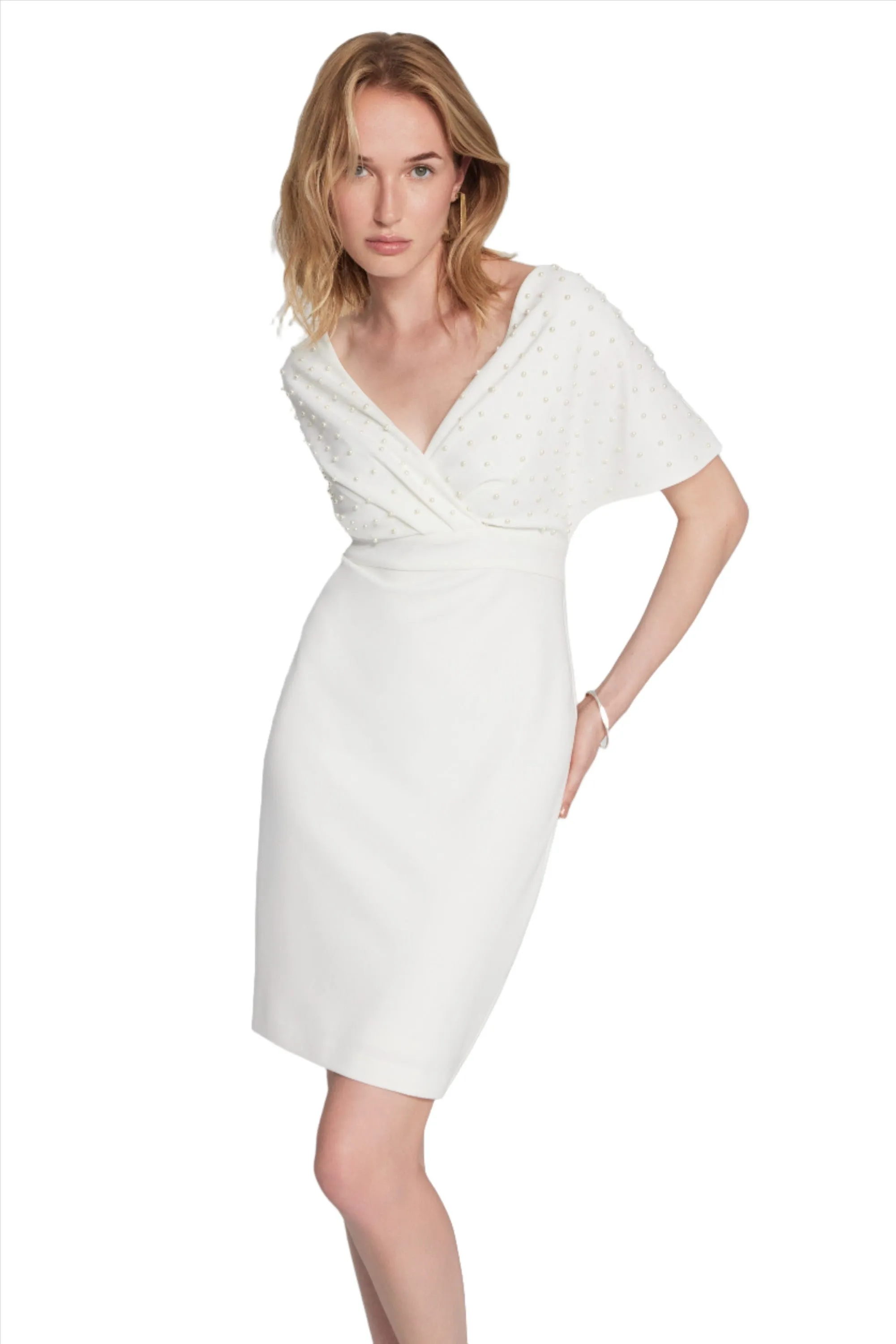 Scuba Crepe Wrap Dress with Pearl Detail