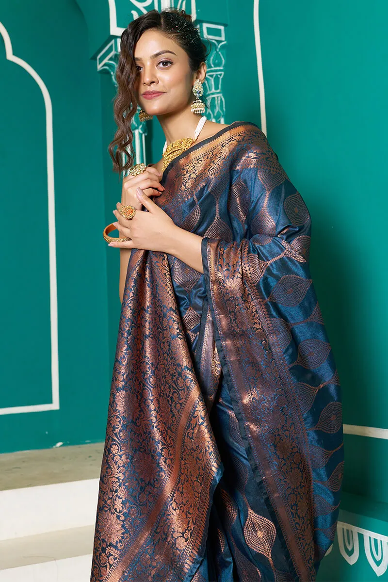 Seraglio Navy Blue Soft Banarasi Silk Saree With Exquisite Blouse Piece