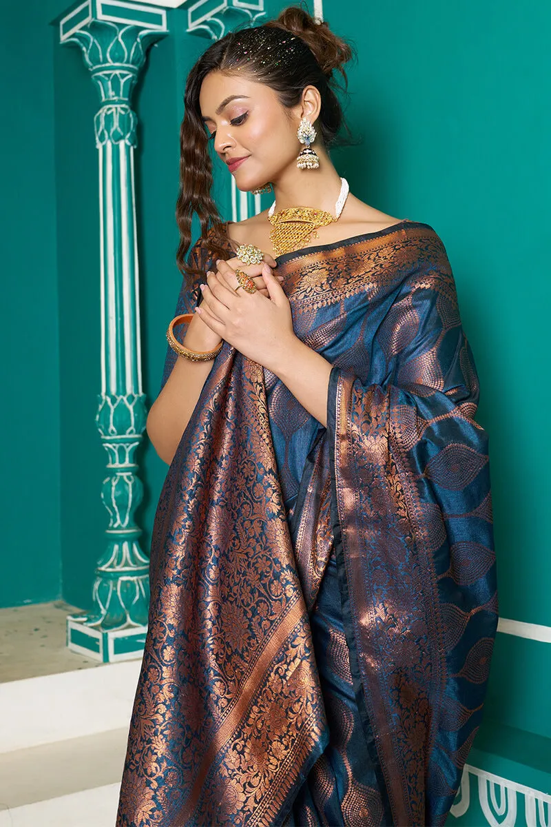 Seraglio Navy Blue Soft Banarasi Silk Saree With Exquisite Blouse Piece