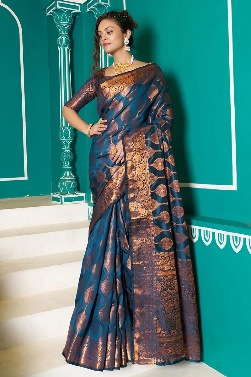 Seraglio Navy Blue Soft Banarasi Silk Saree With Exquisite Blouse Piece