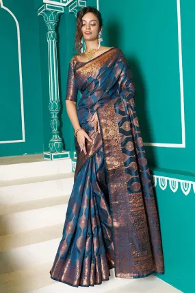Seraglio Navy Blue Soft Banarasi Silk Saree With Exquisite Blouse Piece