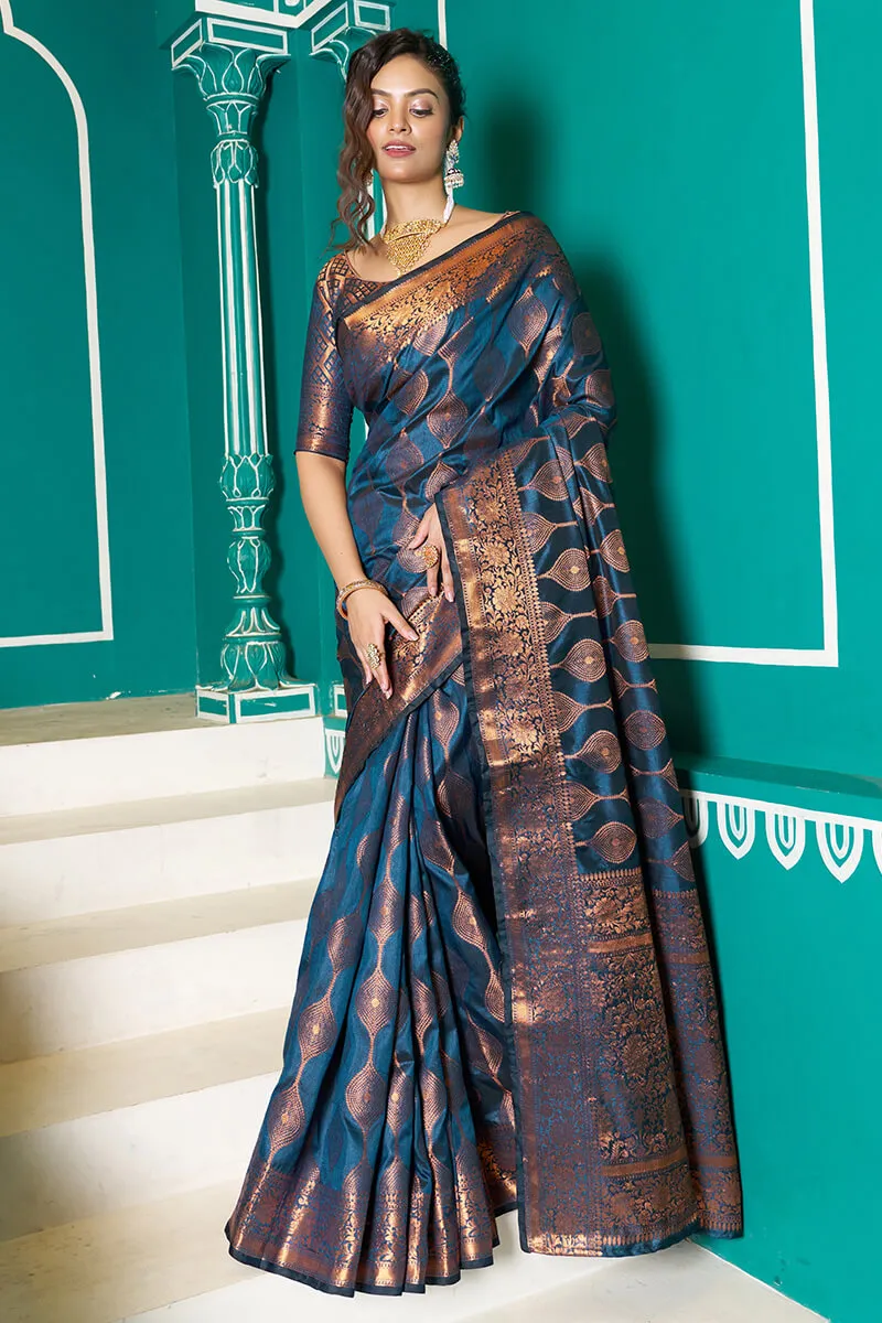 Seraglio Navy Blue Soft Banarasi Silk Saree With Exquisite Blouse Piece