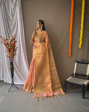 Skin Color Saree in Tissue Woven Silk
