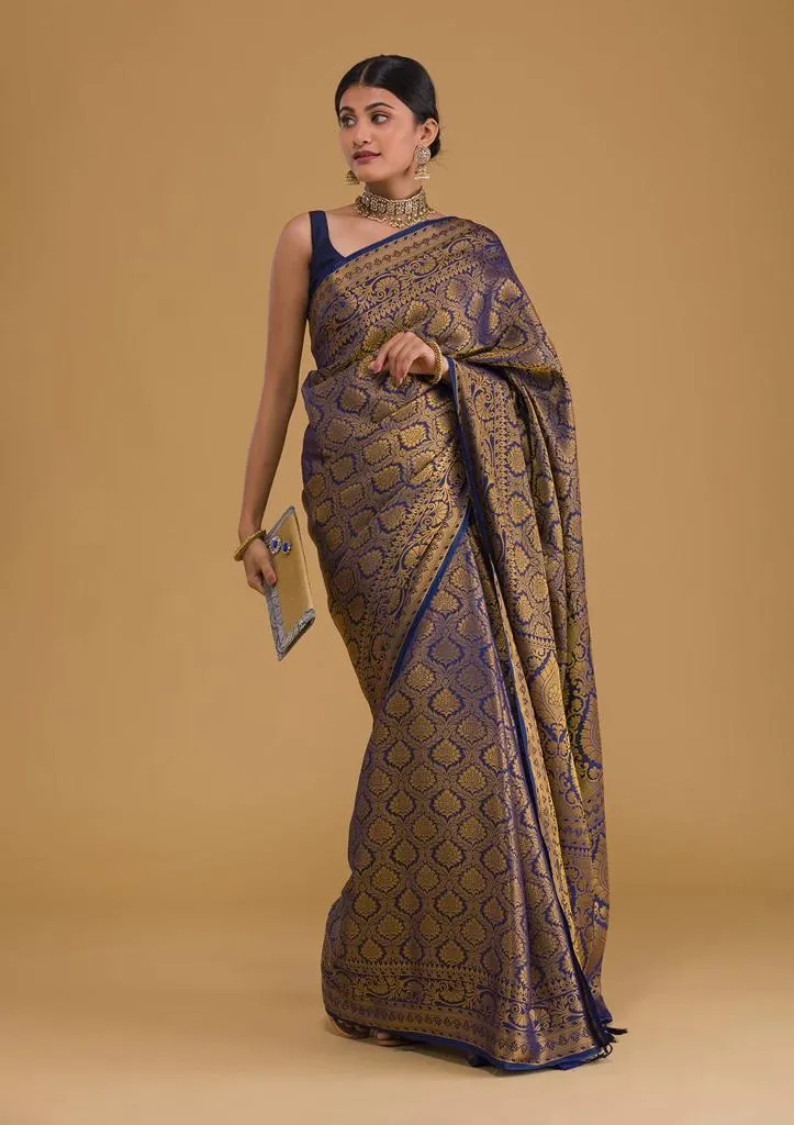 Traditional Navy Blue Soft Silk Saree With Exquisite  Blouse Piece