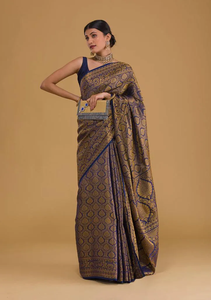 Traditional Navy Blue Soft Silk Saree With Exquisite  Blouse Piece