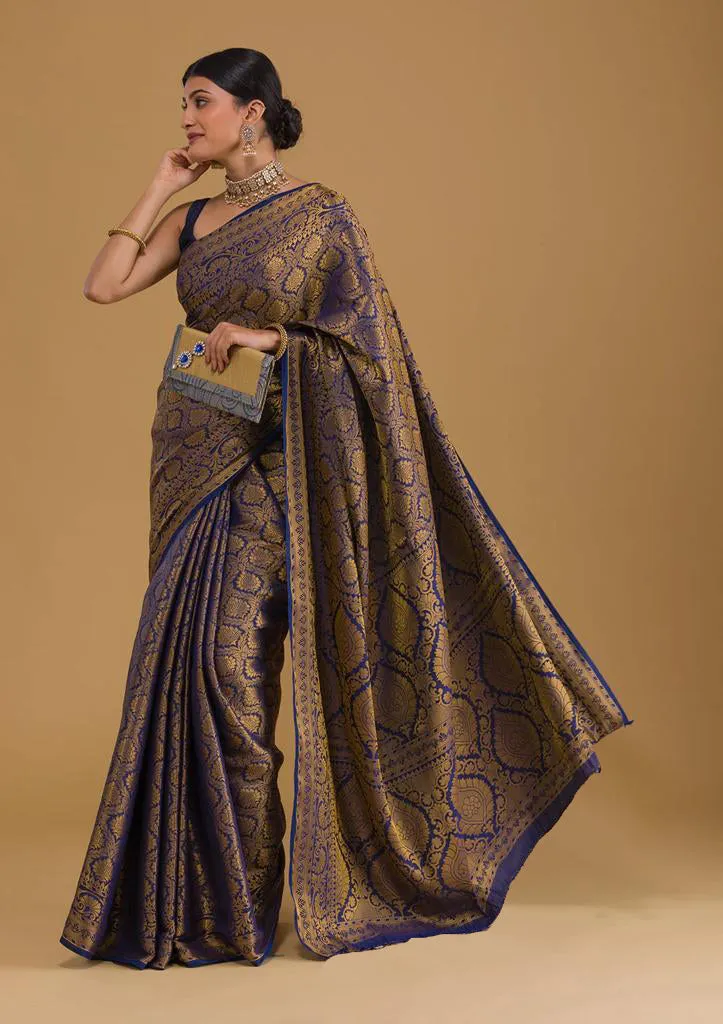 Traditional Navy Blue Soft Silk Saree With Exquisite  Blouse Piece