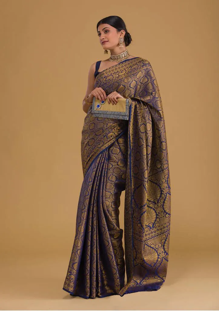 Traditional Navy Blue Soft Silk Saree With Exquisite  Blouse Piece